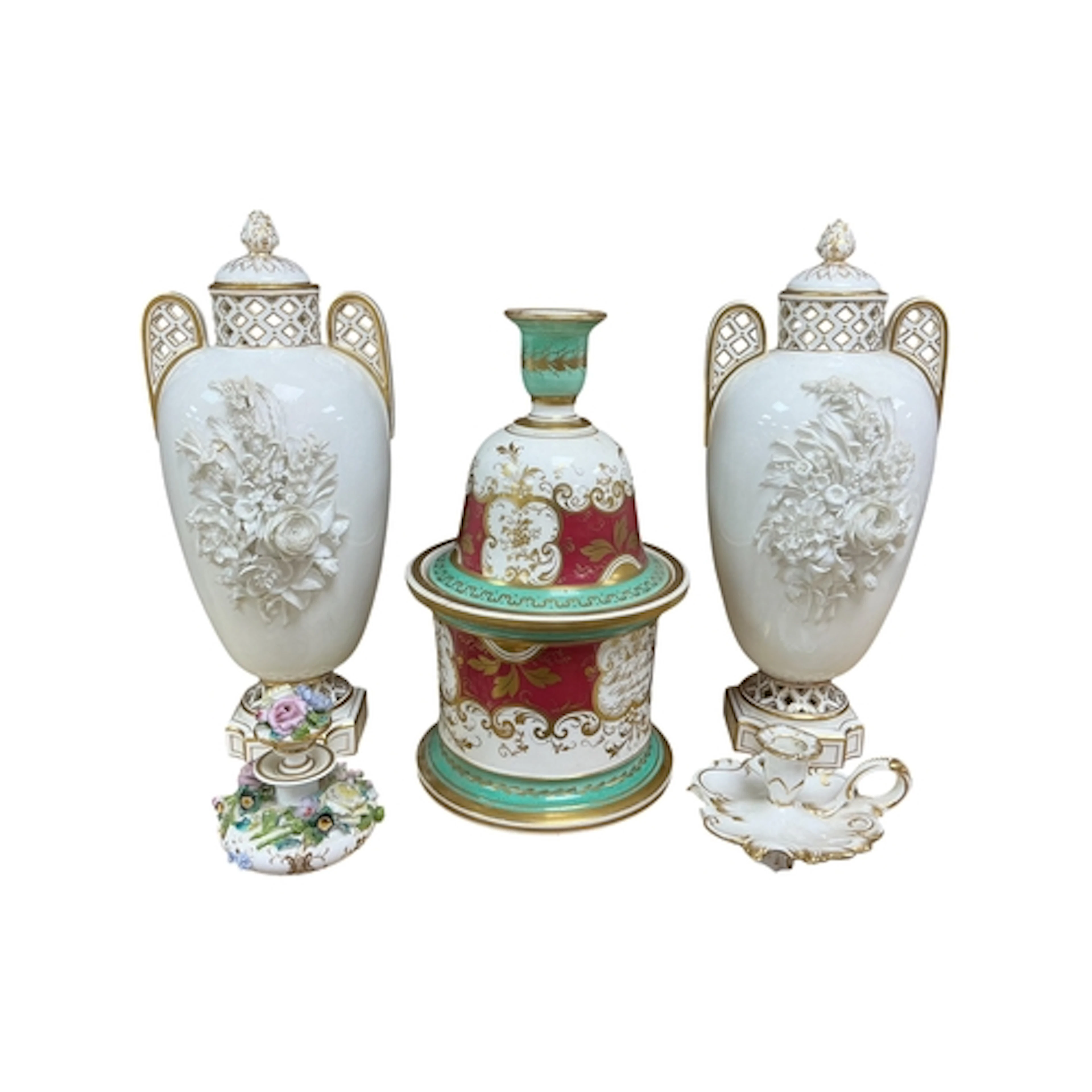 A pair of English bone china flower encrusted vases and cove...