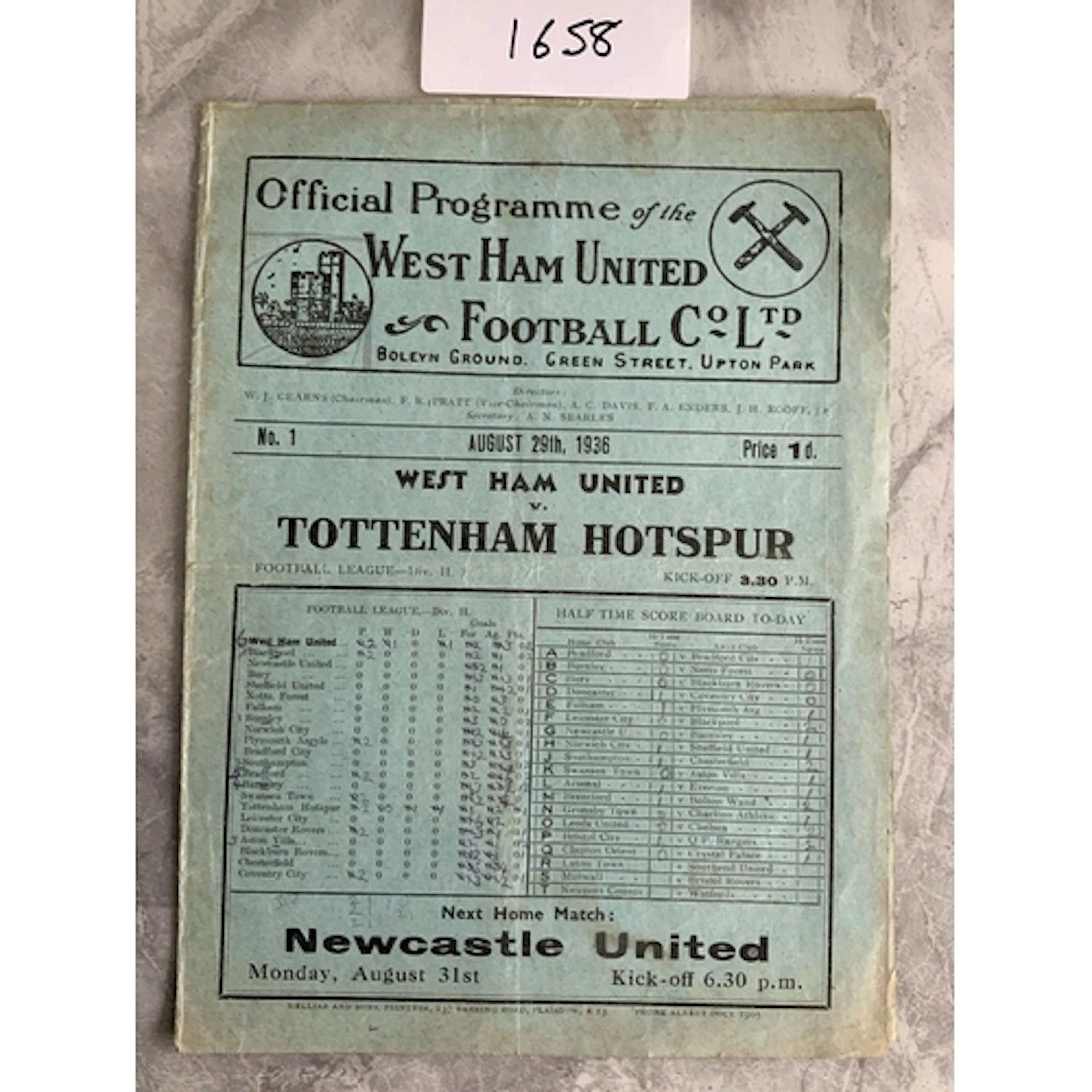 36/37 West Ham v Tottenham Football Programme: Fair/good con...