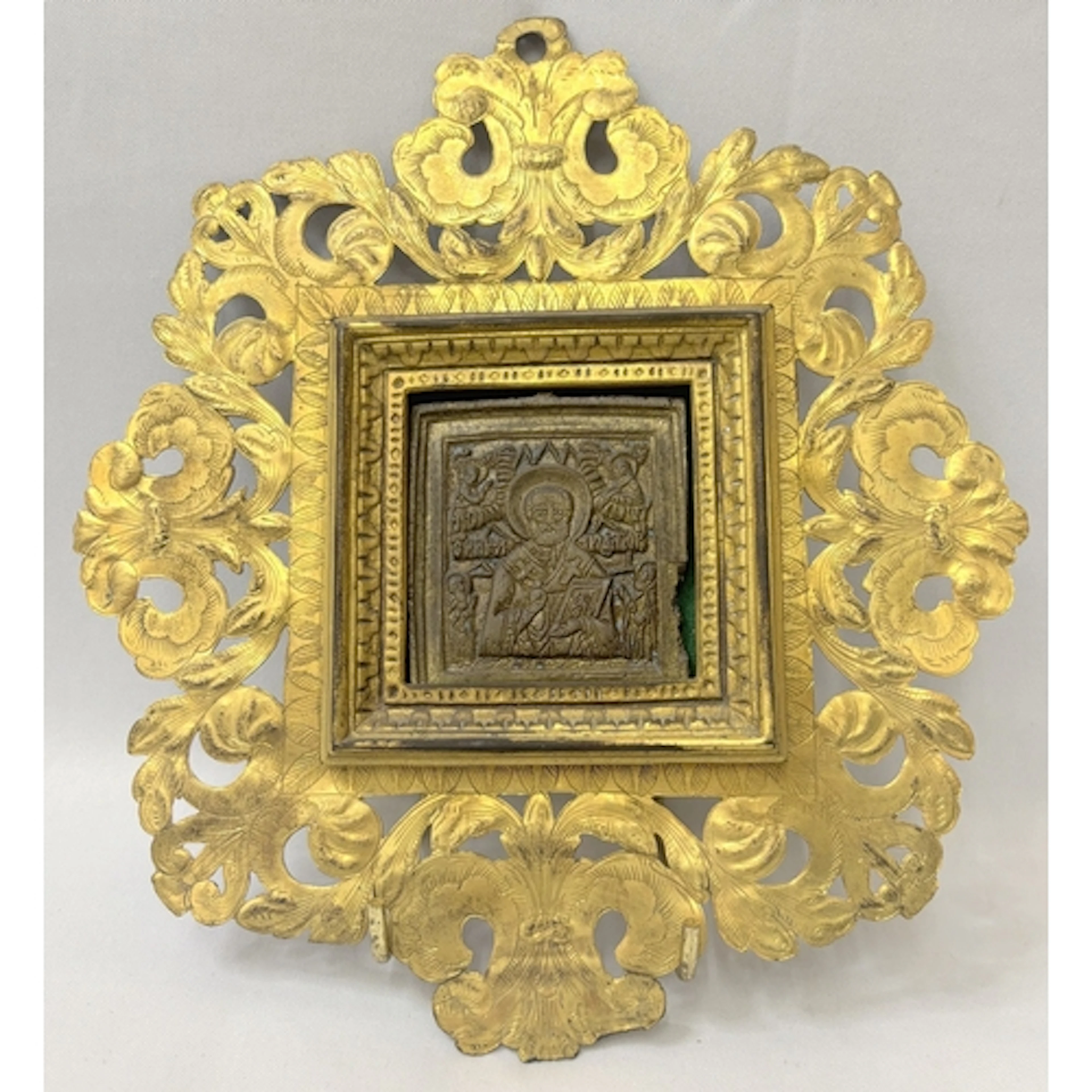 Framed Russian Bronze Travel Icon set within floral metal fr...