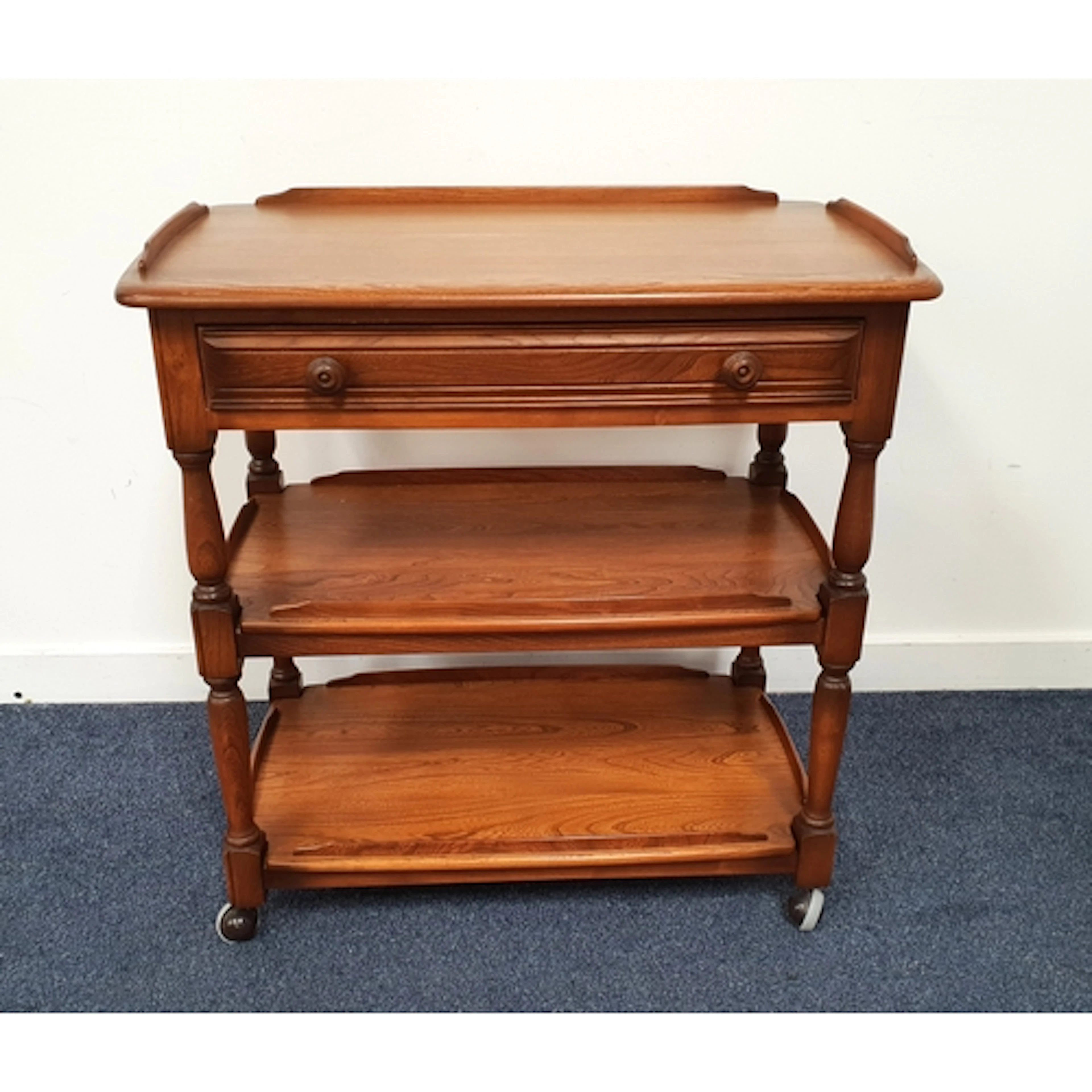VINTAGE ERCOL THREE TIER DRINKS TROLLEY with single drawer ...