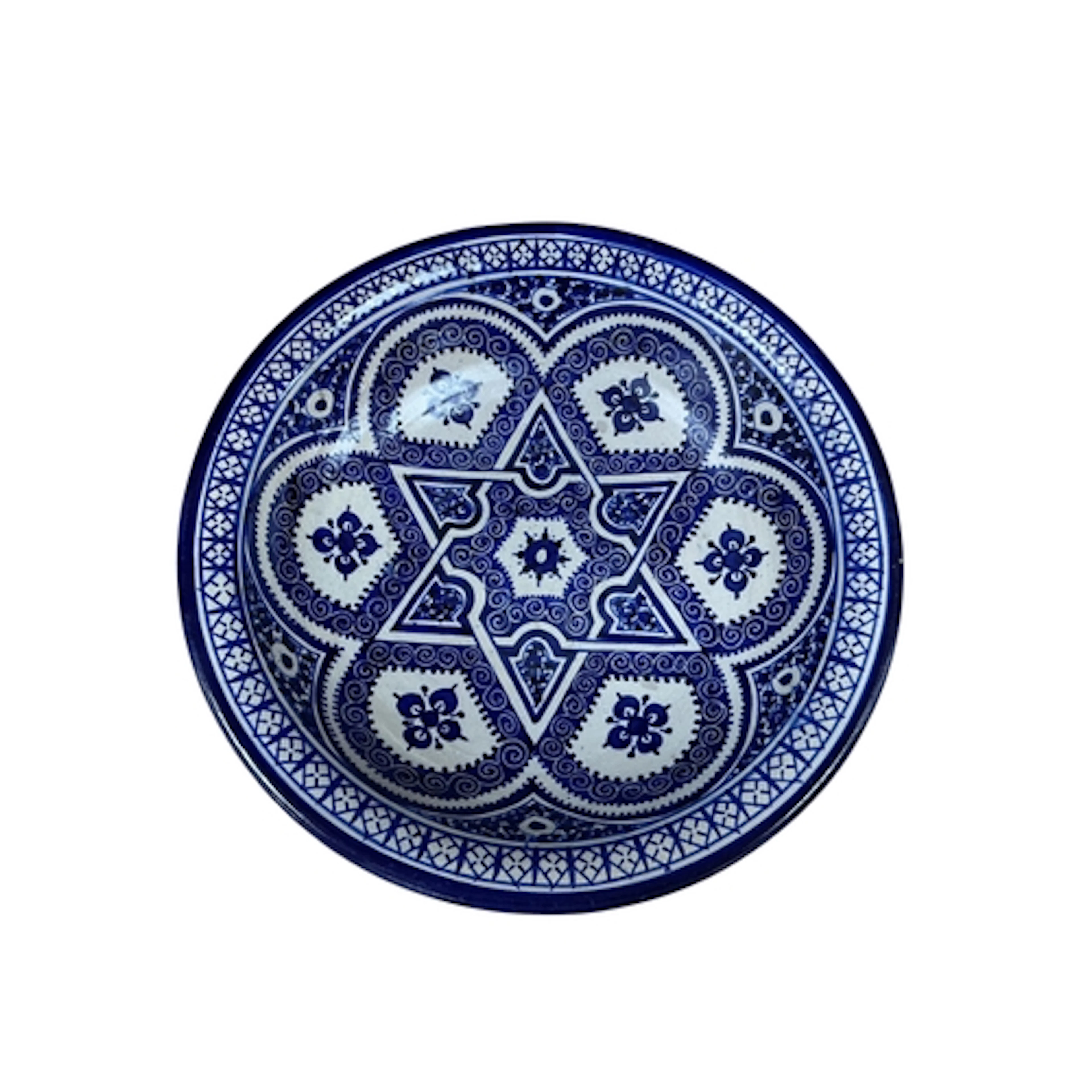 A Moroccan blue glazed pottery dish, diameter 30cm.