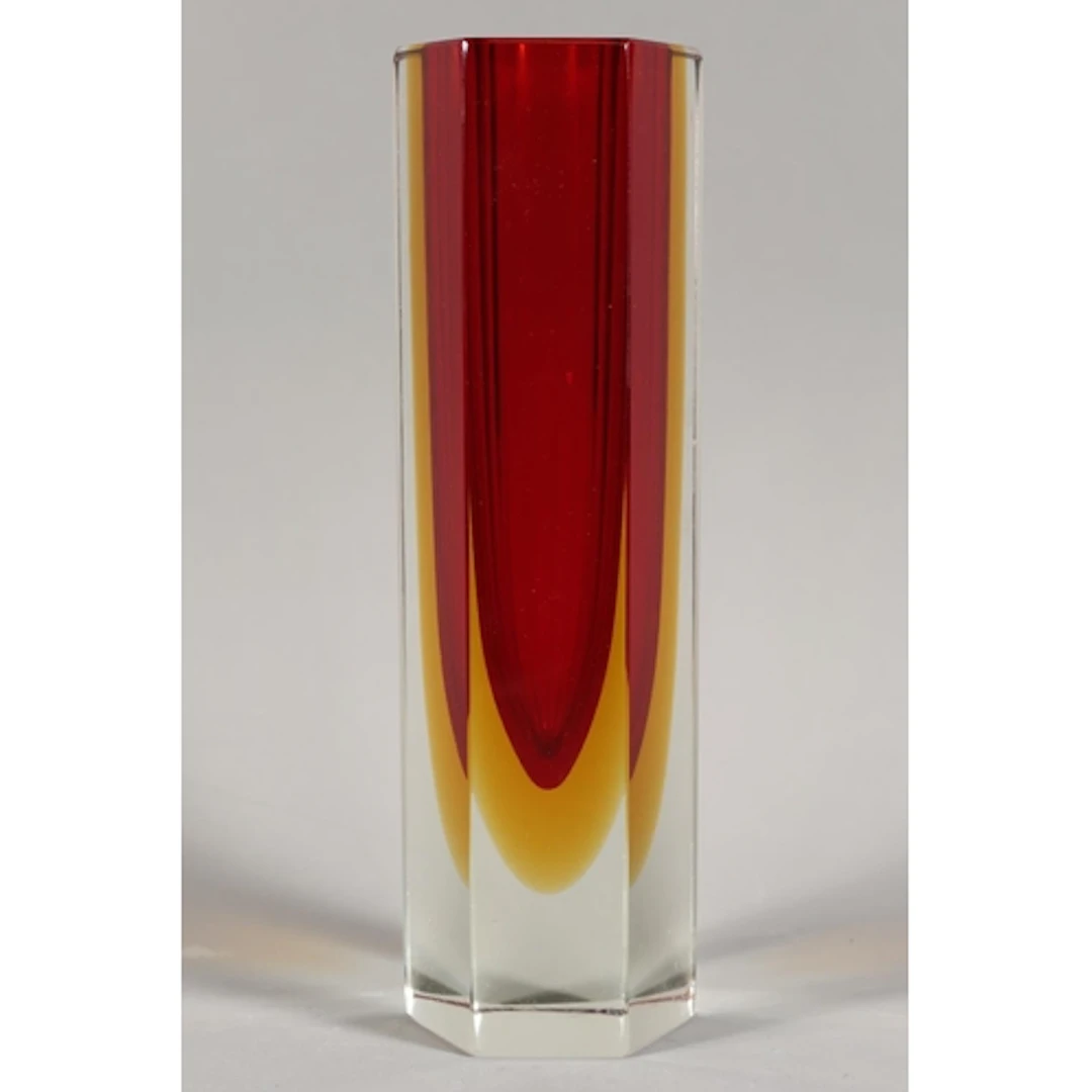 Murano Sommerso art glass vase with hexagonal body and yello...