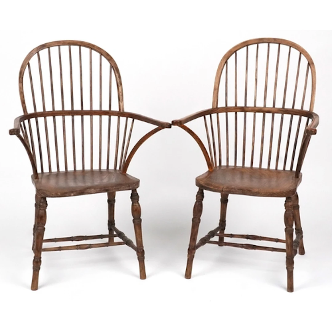 Pair of ash and elm Windsor armchairs with arched spindle ba...