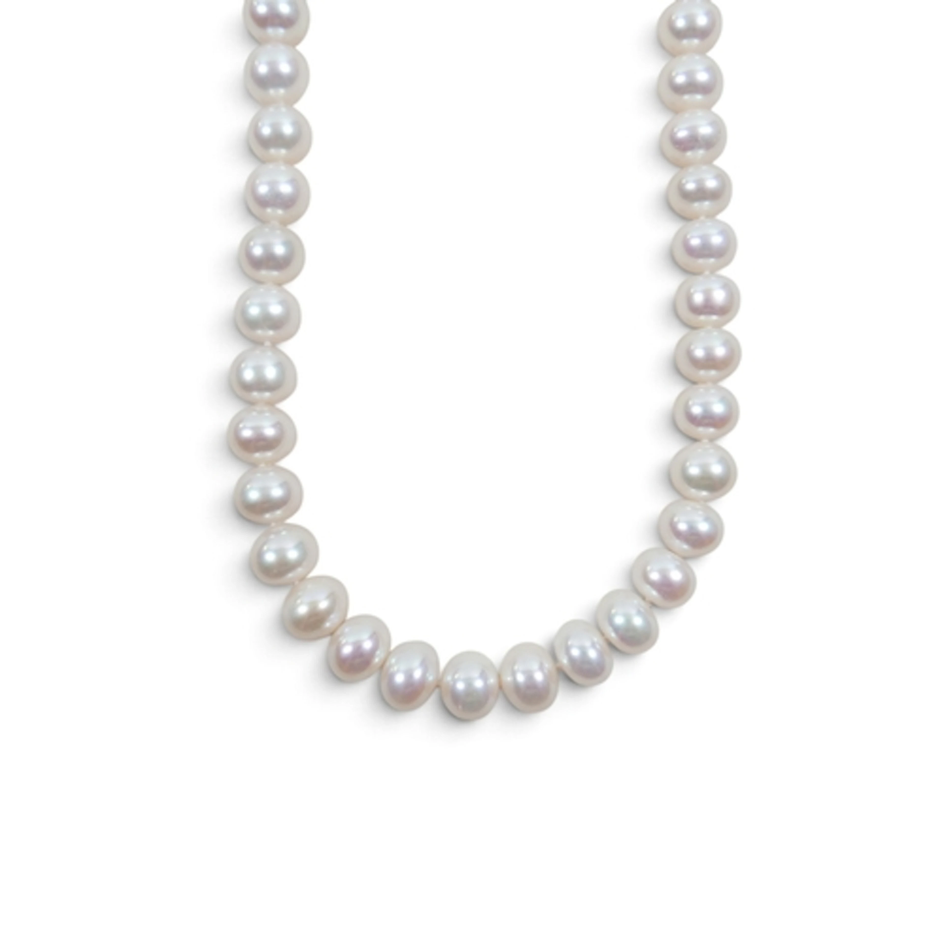 A PEARL NECKLACE WITH A 14K WHITE GOLD CLASP. 42cm long by 9...