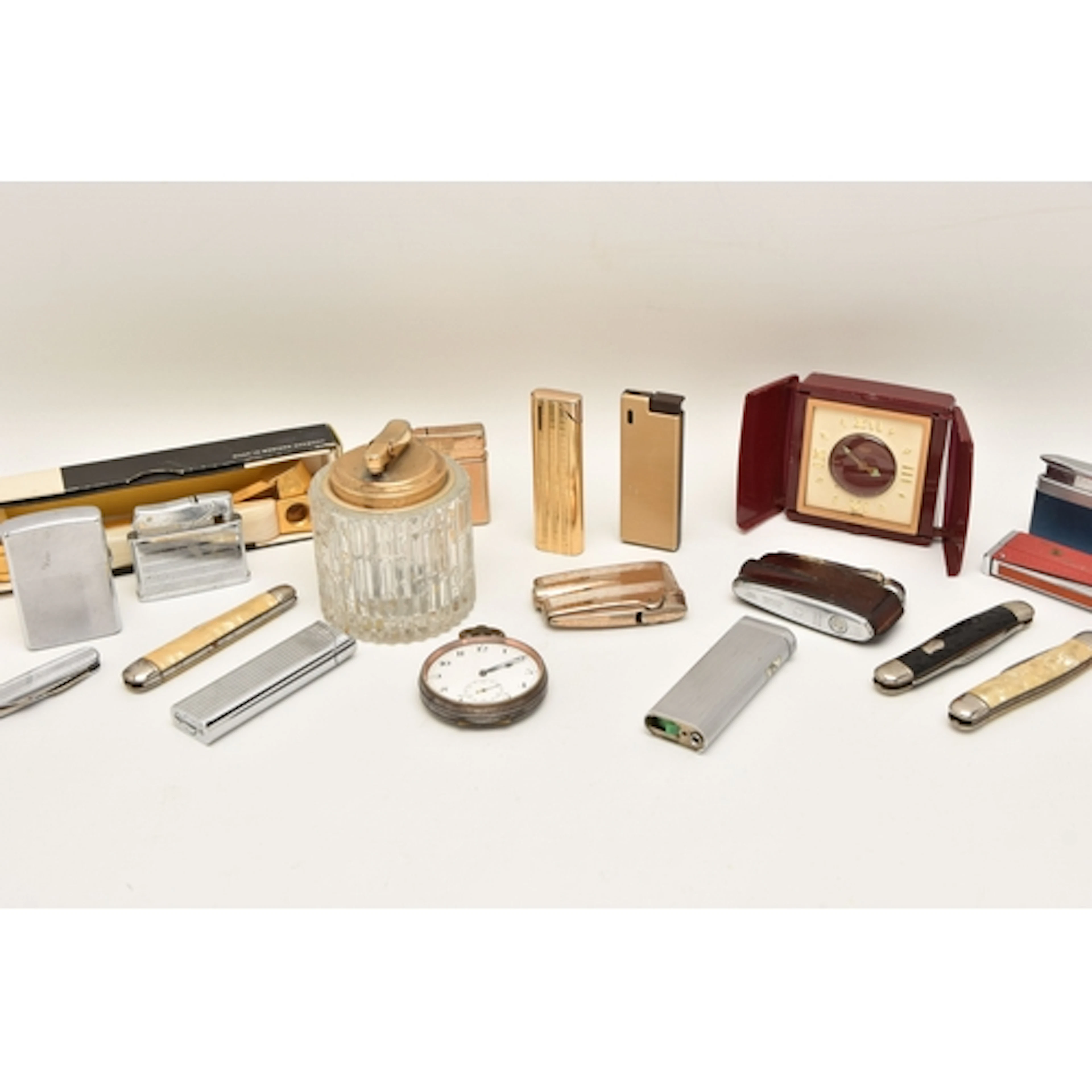 A SELECTION OF LIGHTERS, POCKET KNIVES, POCKET WATCH ETC, to...