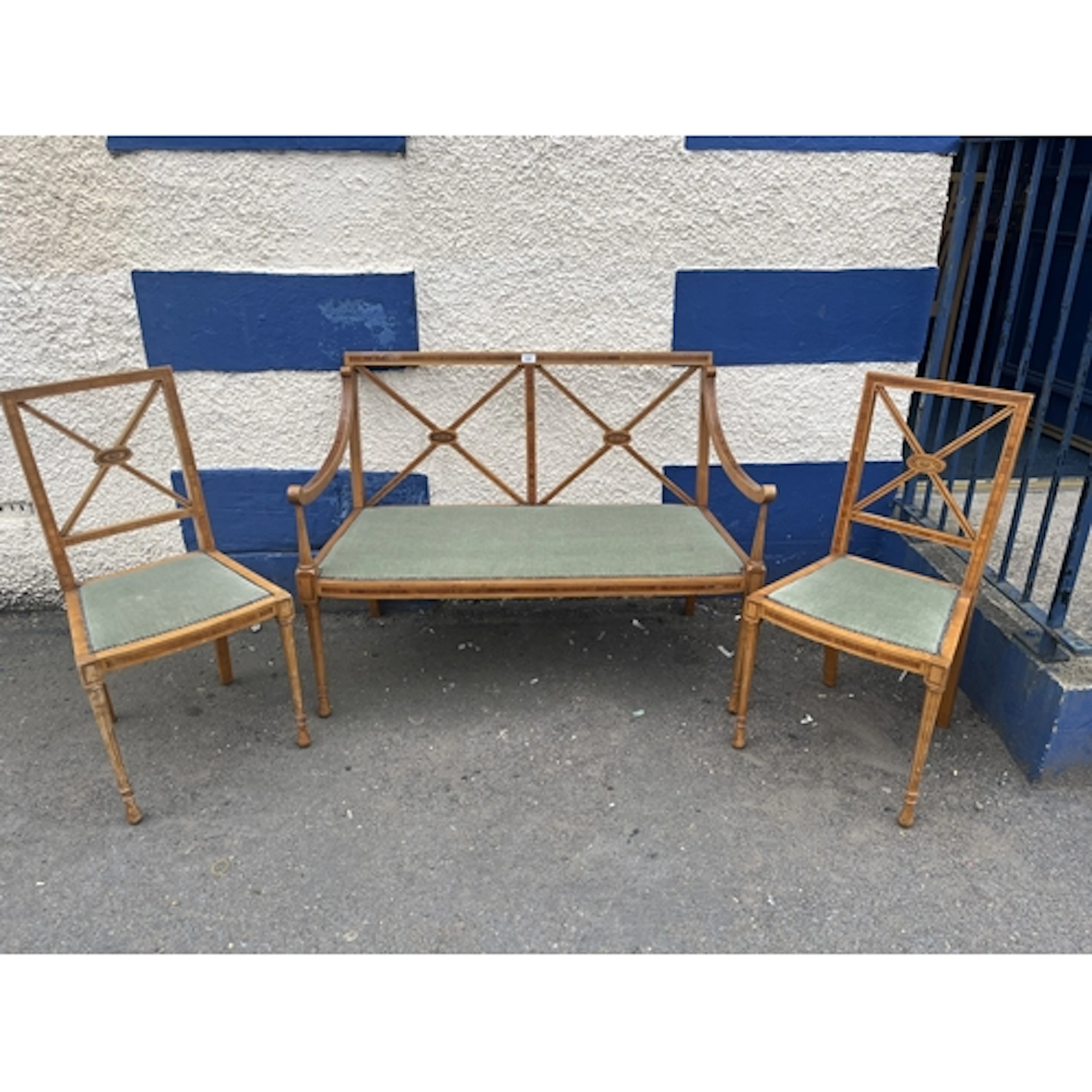 Satinwood cross banded Empire parlour suite comprising a two...