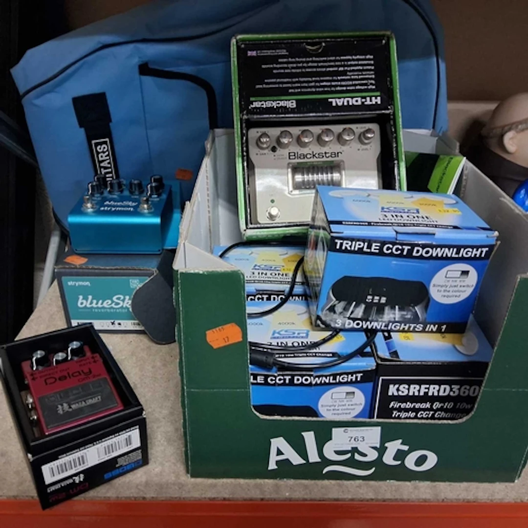 A BOX OF GUITAR REVERBERATOR'S, LIGHTS AND GUITAR BAG ETC to...