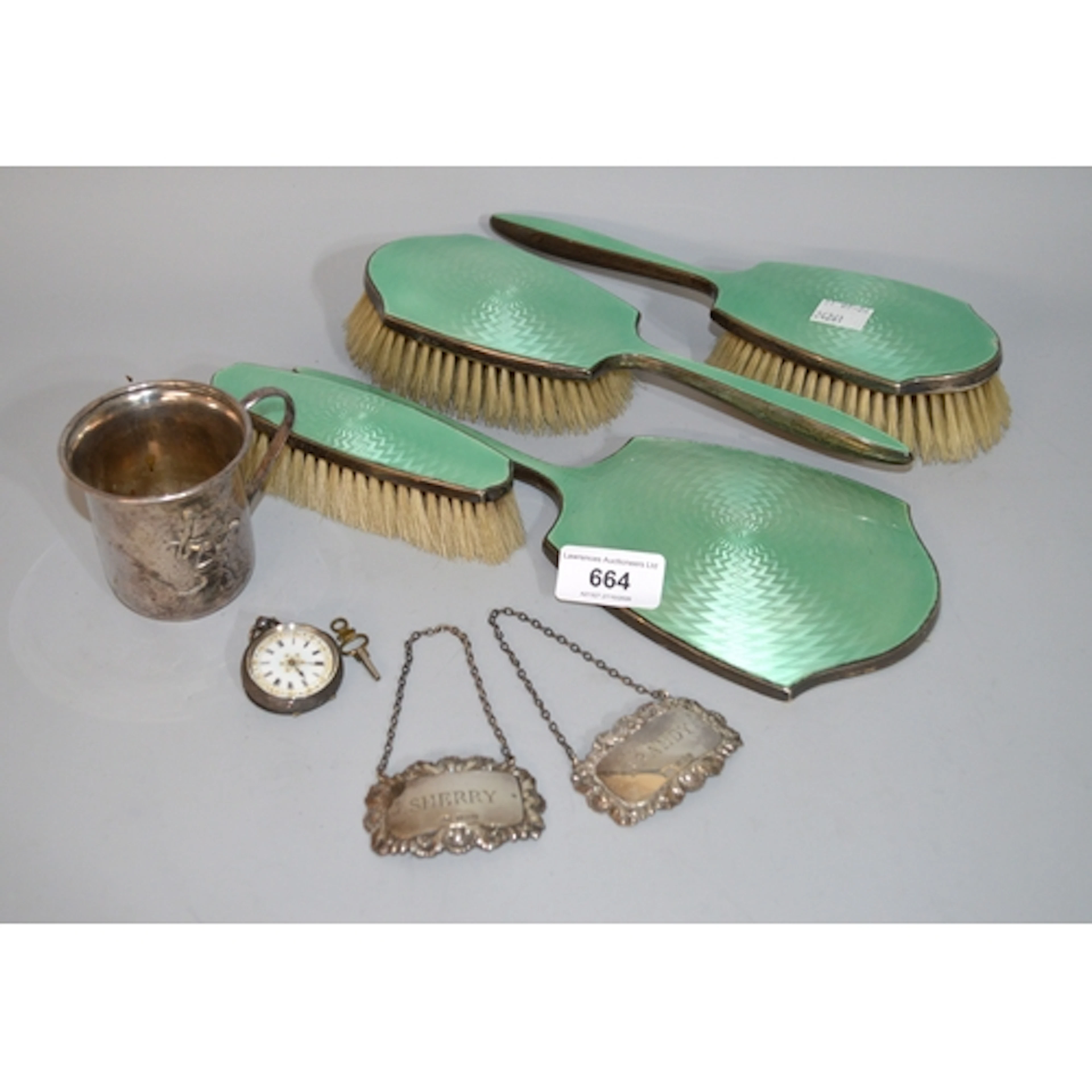 Silver and green translucent enamel dressing table set, a pa...