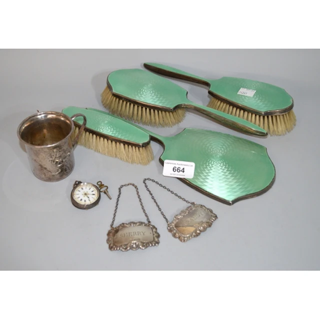 Silver and green translucent enamel dressing table set, a pa...