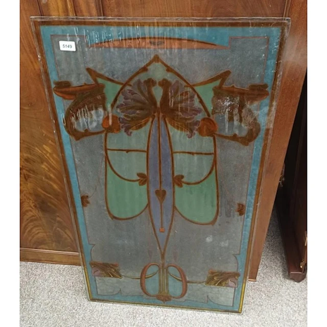 ART NOUVEAU PAINTED GLASS PANEL - 104CM X 60CM - NB TO BE SO...