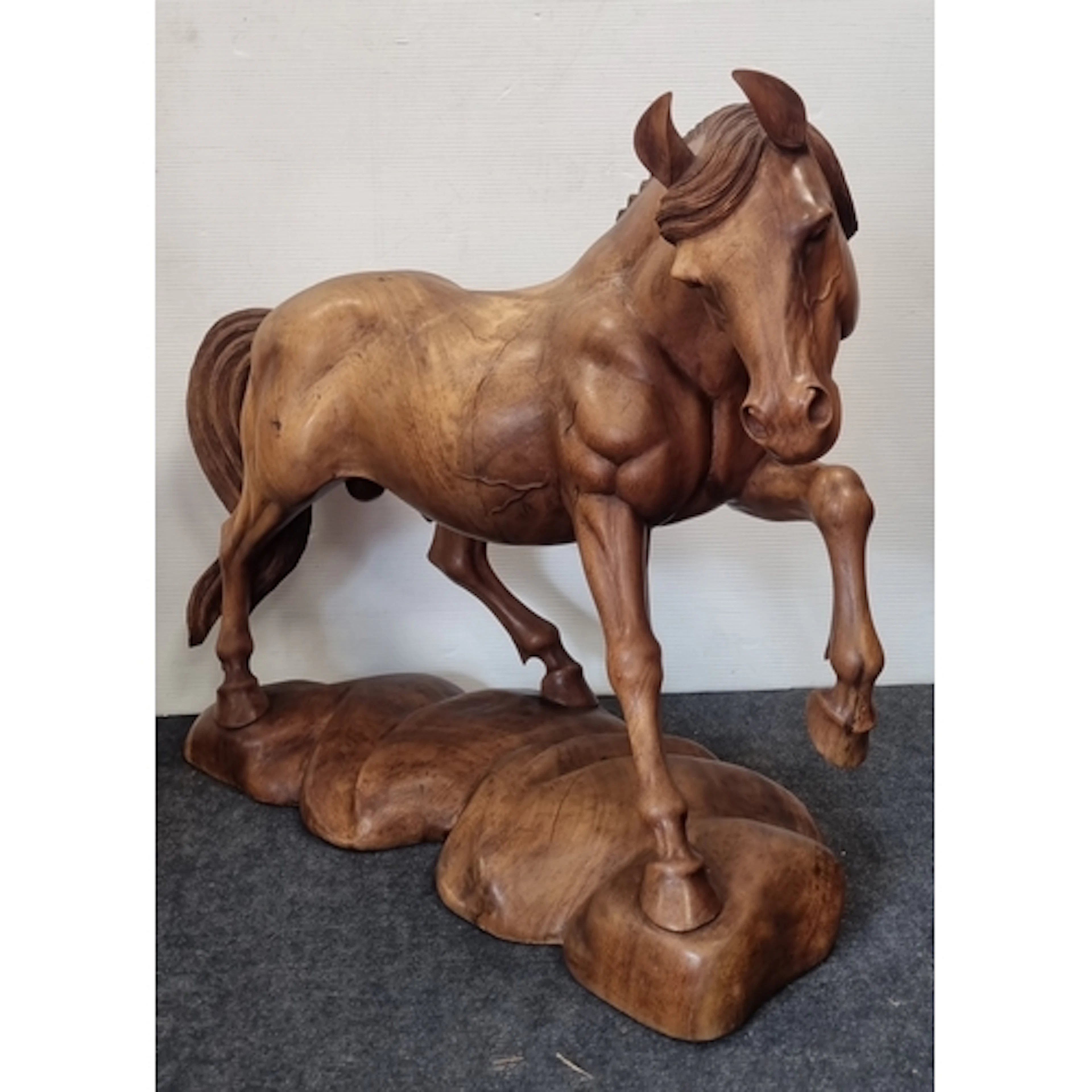 Large Horse wooden sculpture on Stylised Base, H: 72 cm x W:...