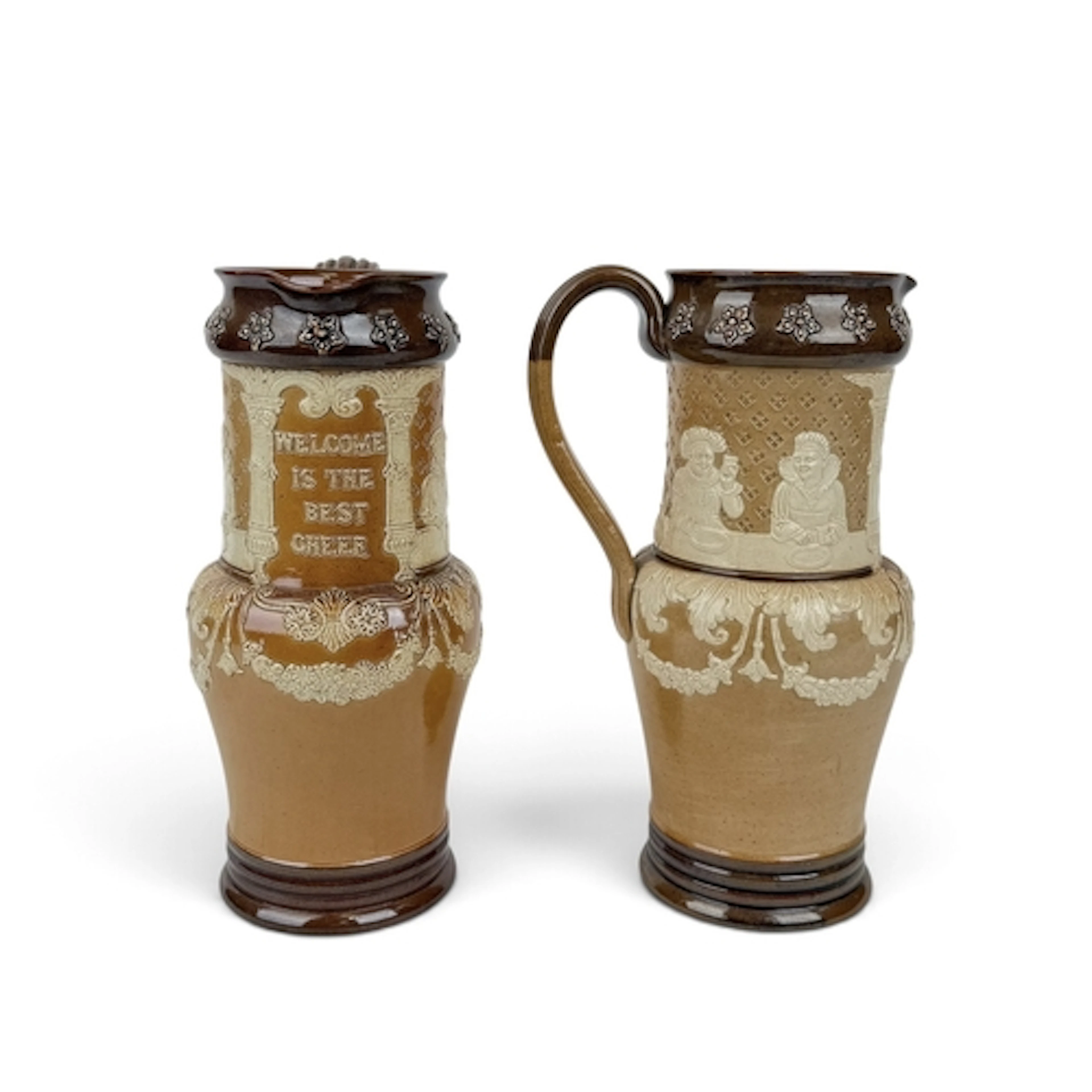 A PAIR OF DOULTON LAMBETH SALT-GLAZED STONEWARE BEER MUG, CI...