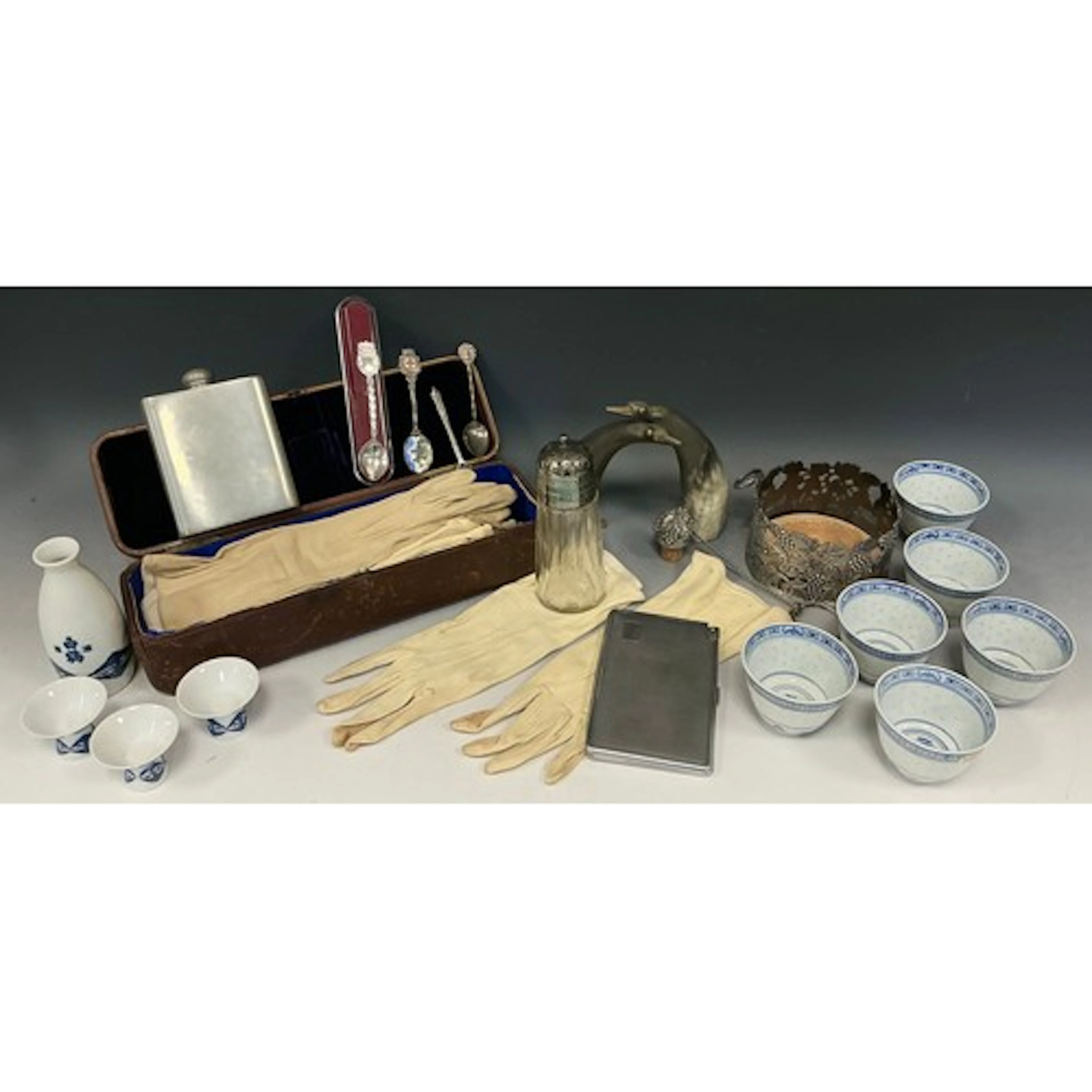 Boxes and objects - a Victorian leather bound glove case, wi...