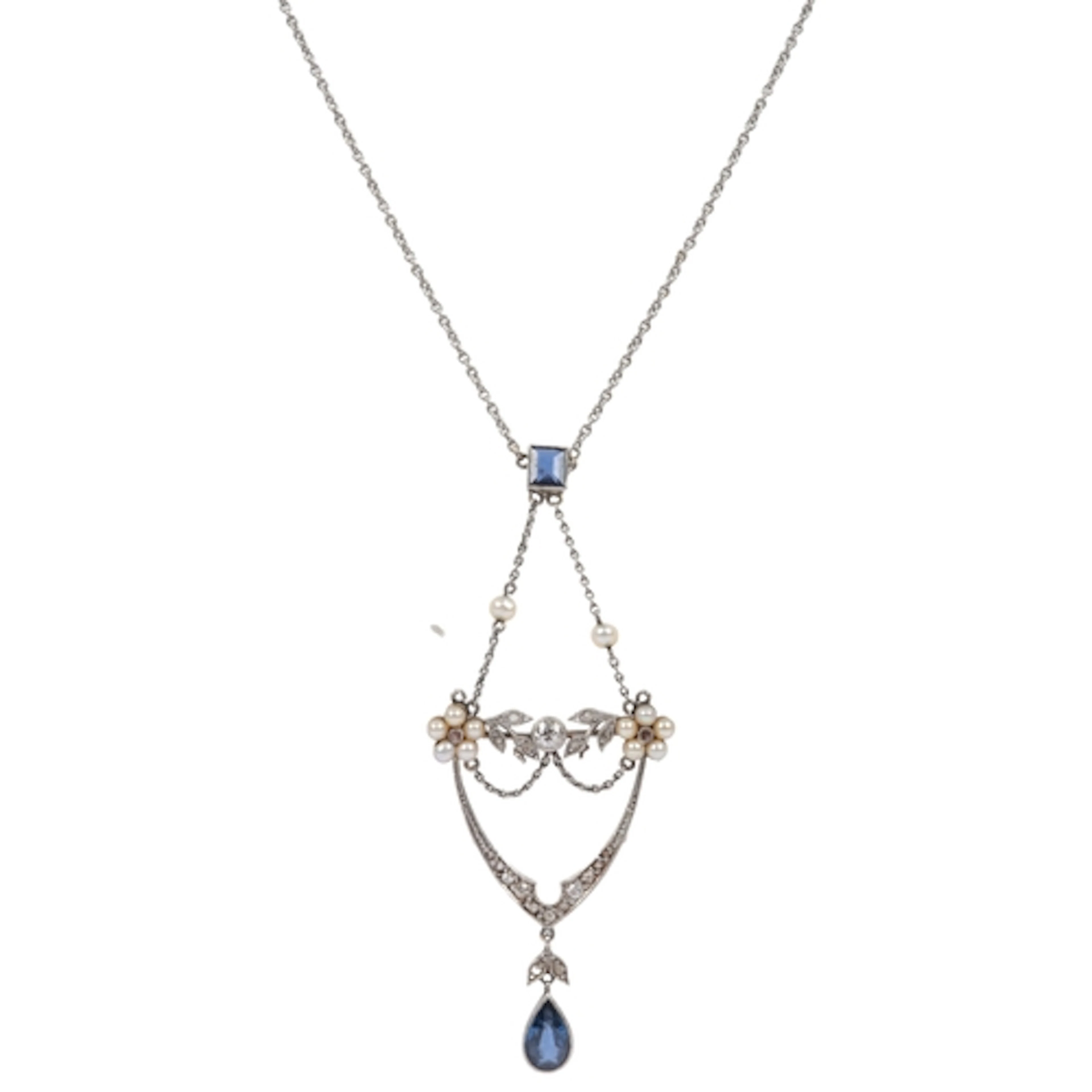 An Edwardian sapphire, diamond and seed pearl necklace, earl...
