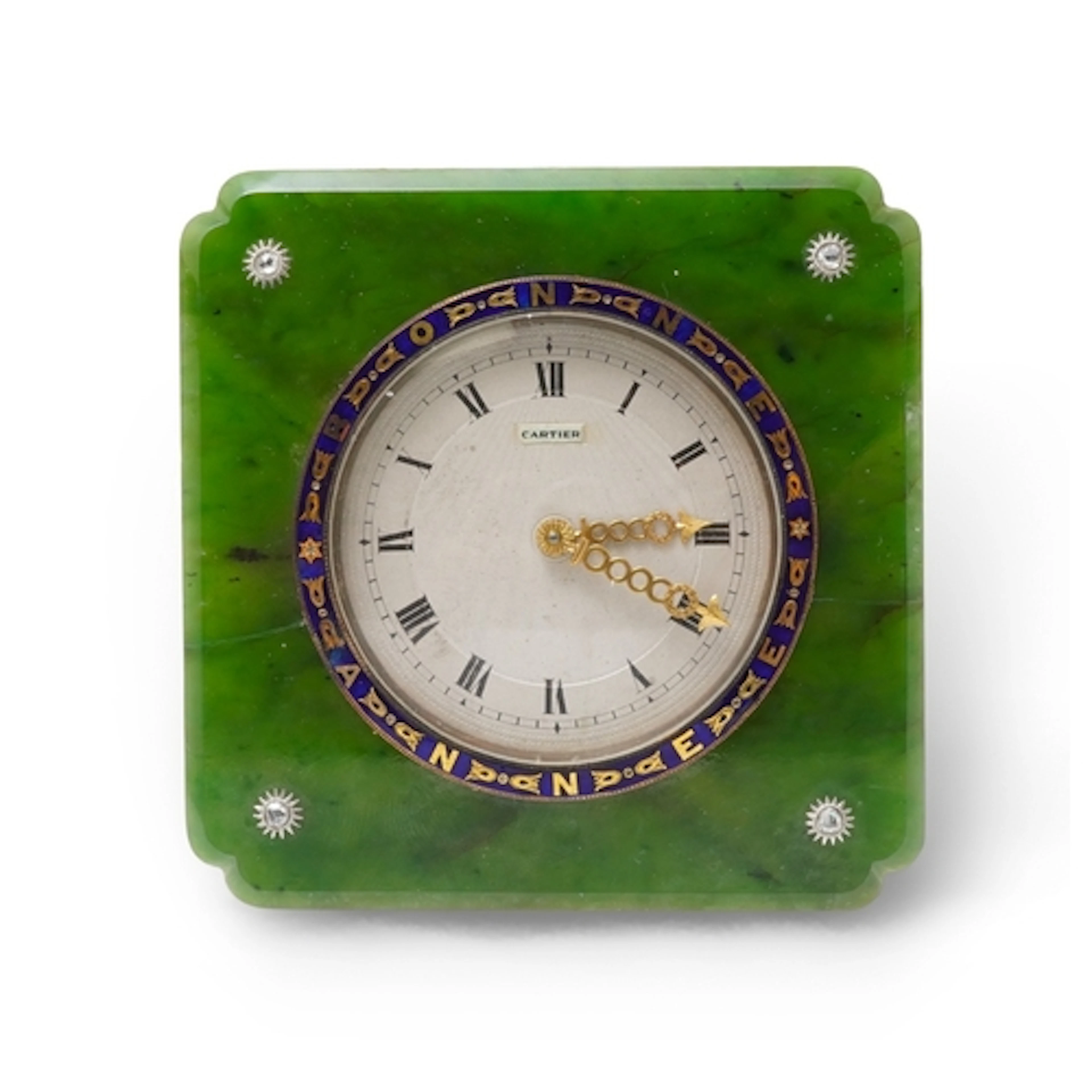 An Art Deco nephrite, enamel and diamond desk timepiece, cir...