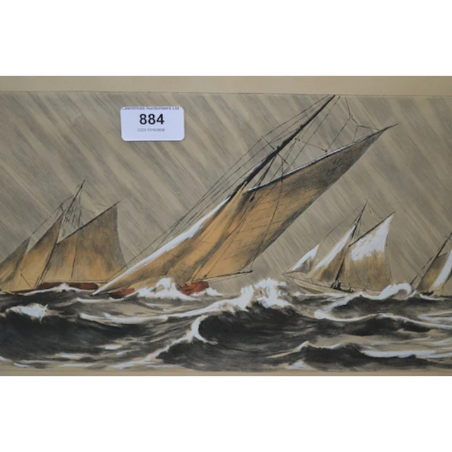 Leon Haffber, mixed media on paper, study of racing yachts, ...