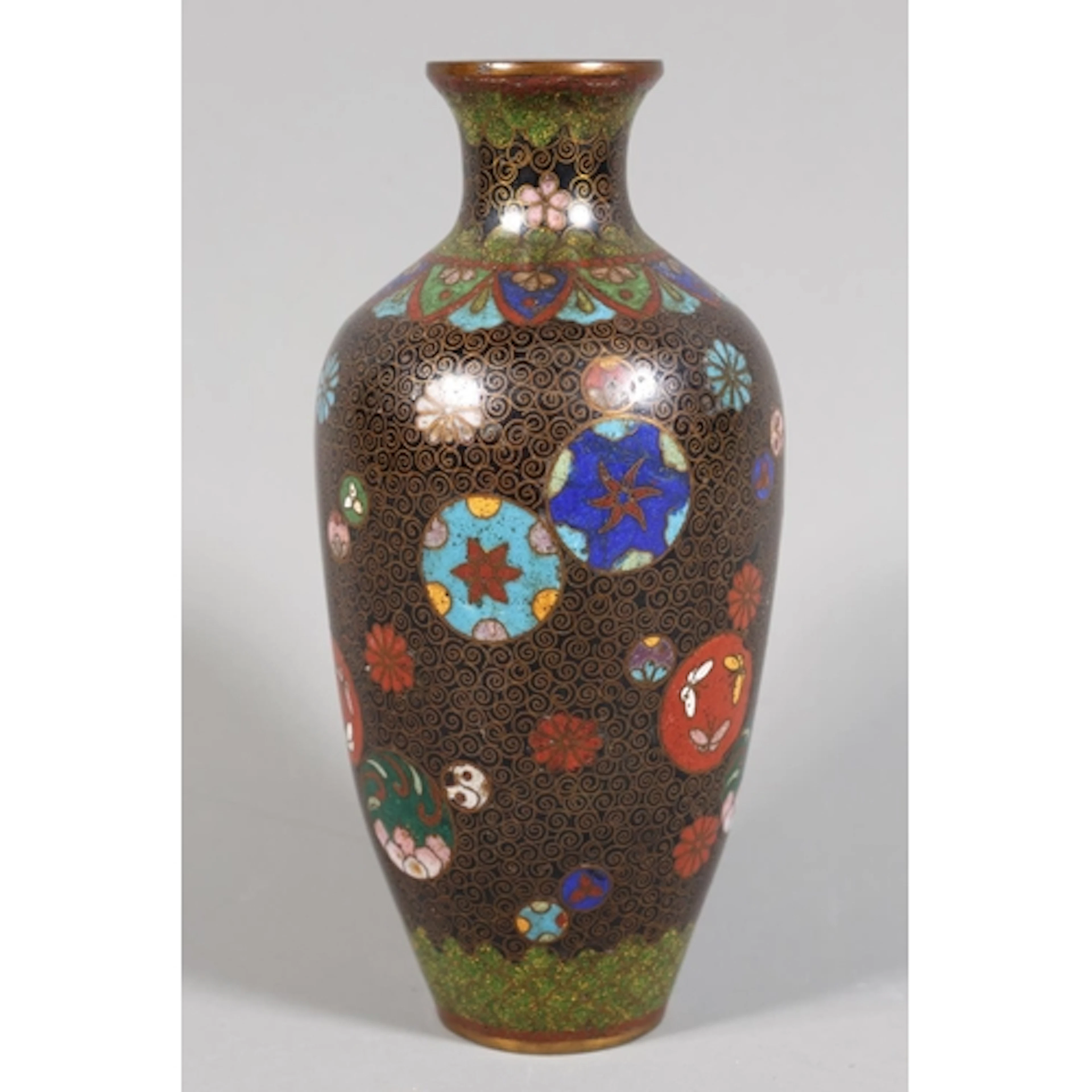 Cloisonné vase of typical form with black ground, all...