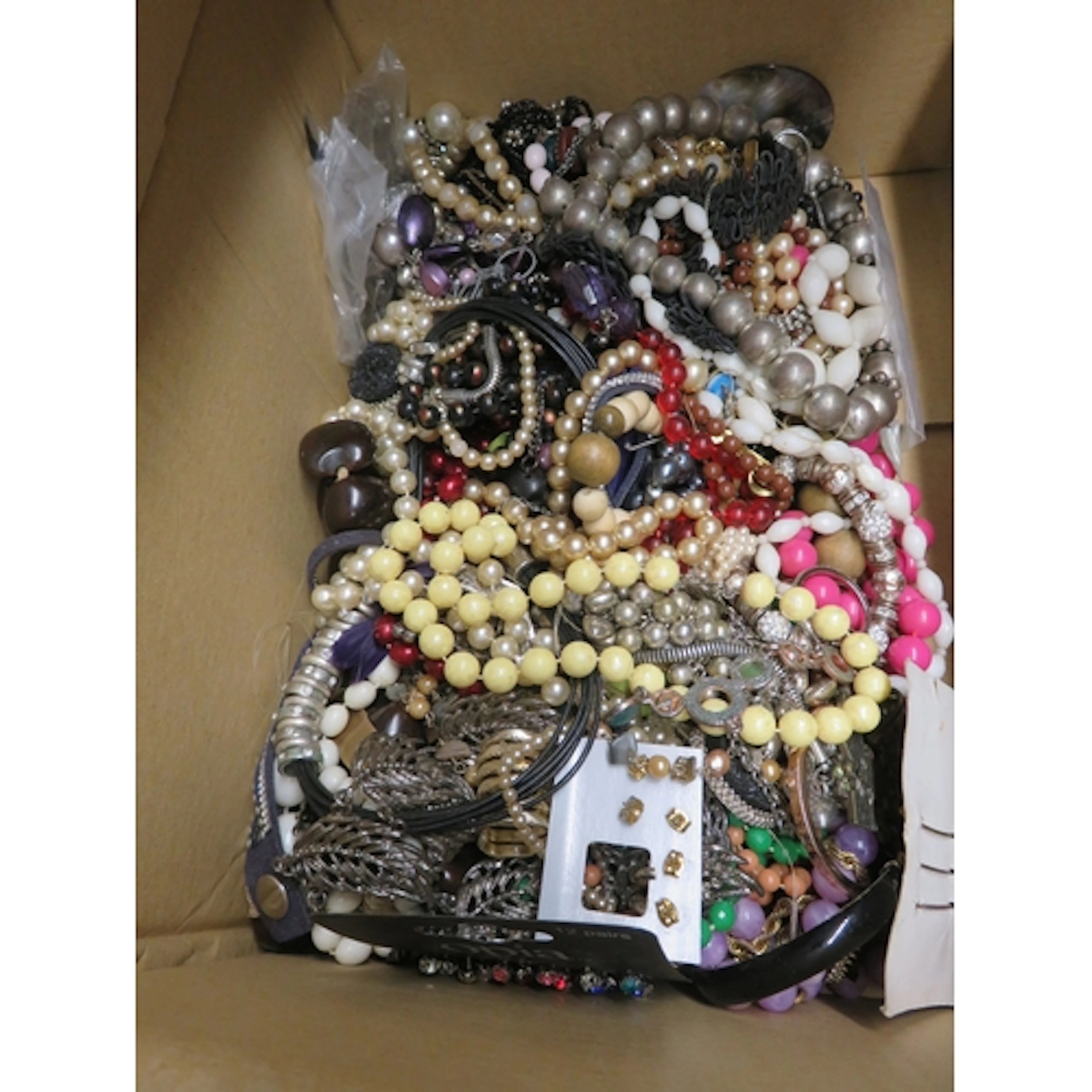 Five boxes containing a quantity of various costume jeweller...