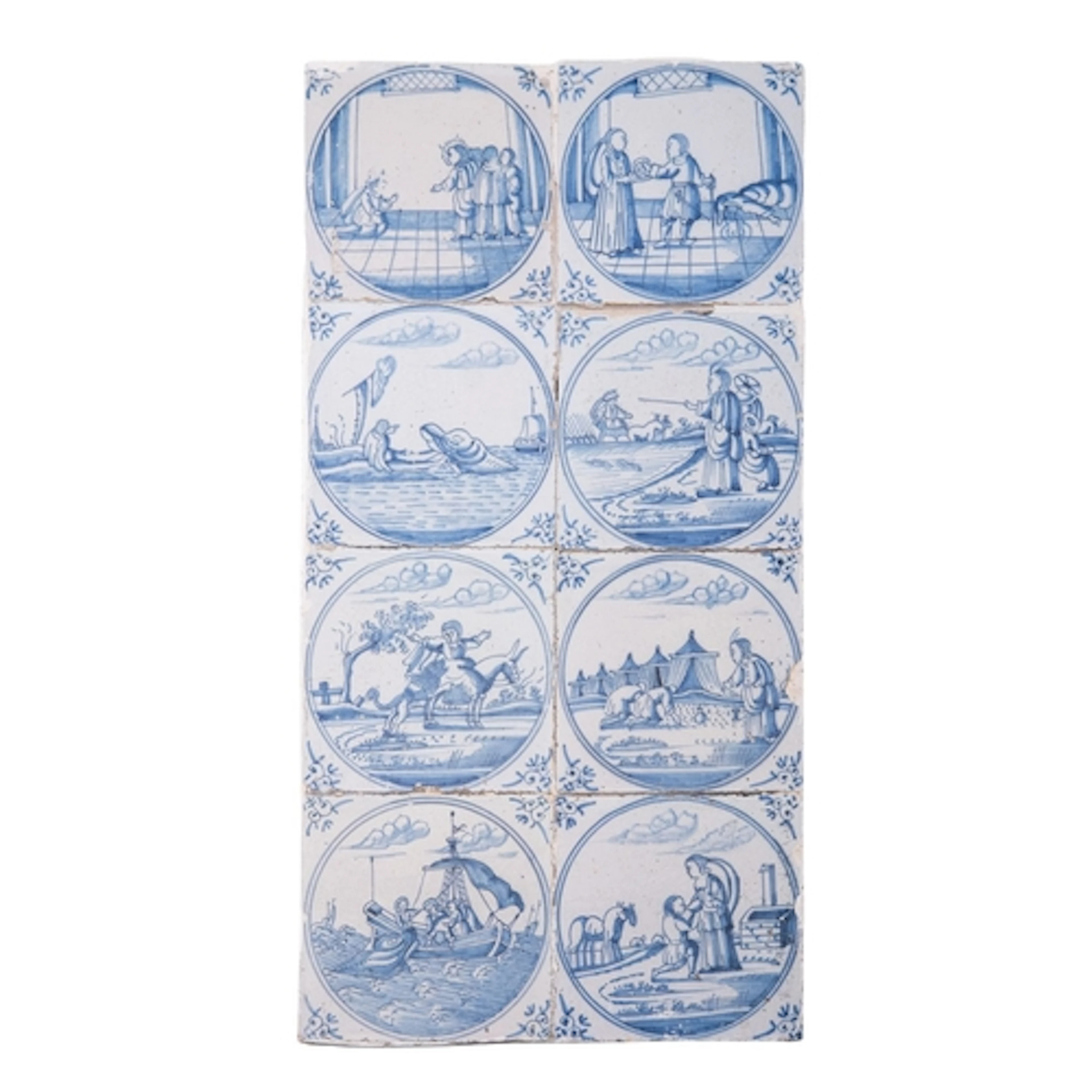 A panel of eight 18th century Dutch Delft tiles each painted...