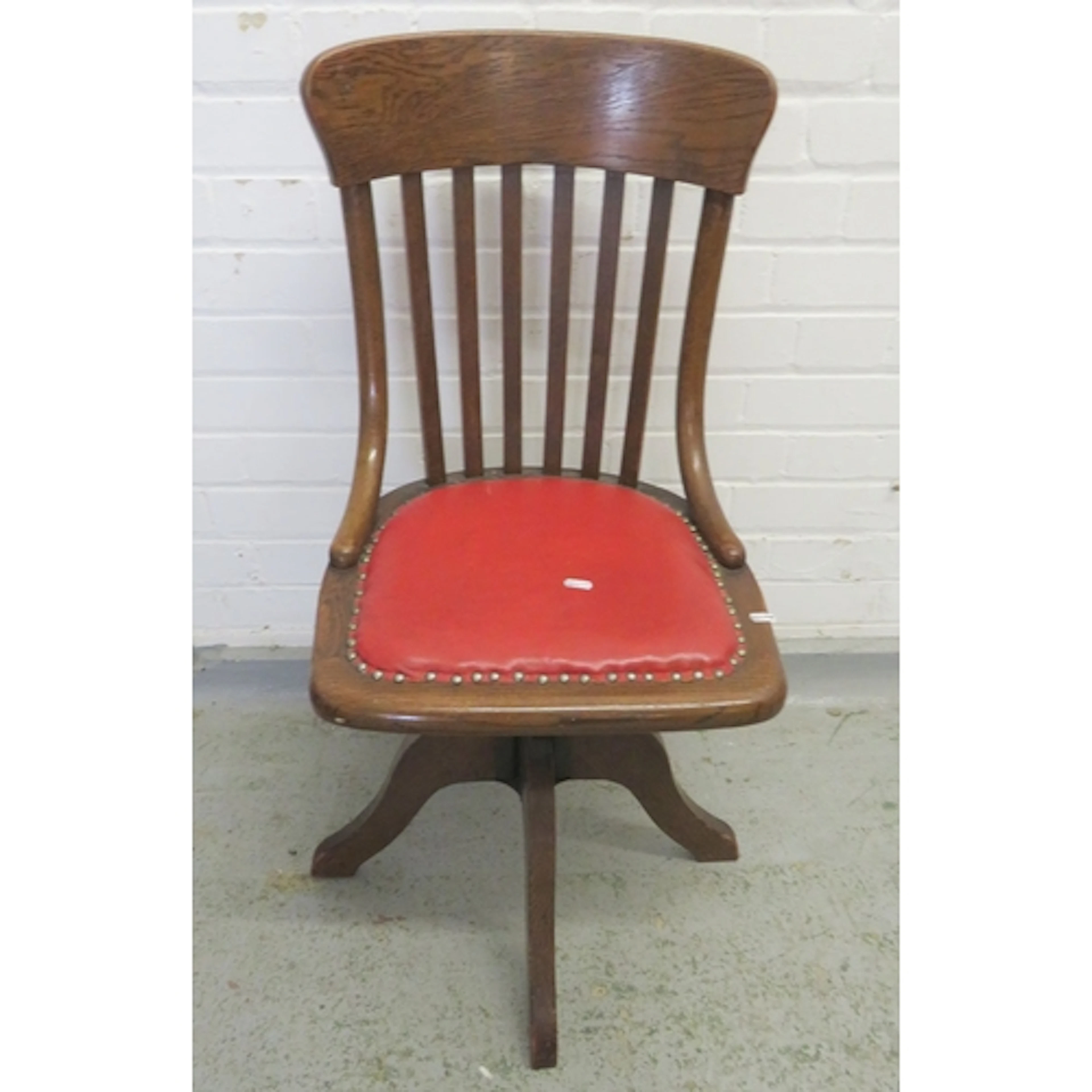 Antique Oak Swivel Office Desk Chair, red leather seat, 4 sp...