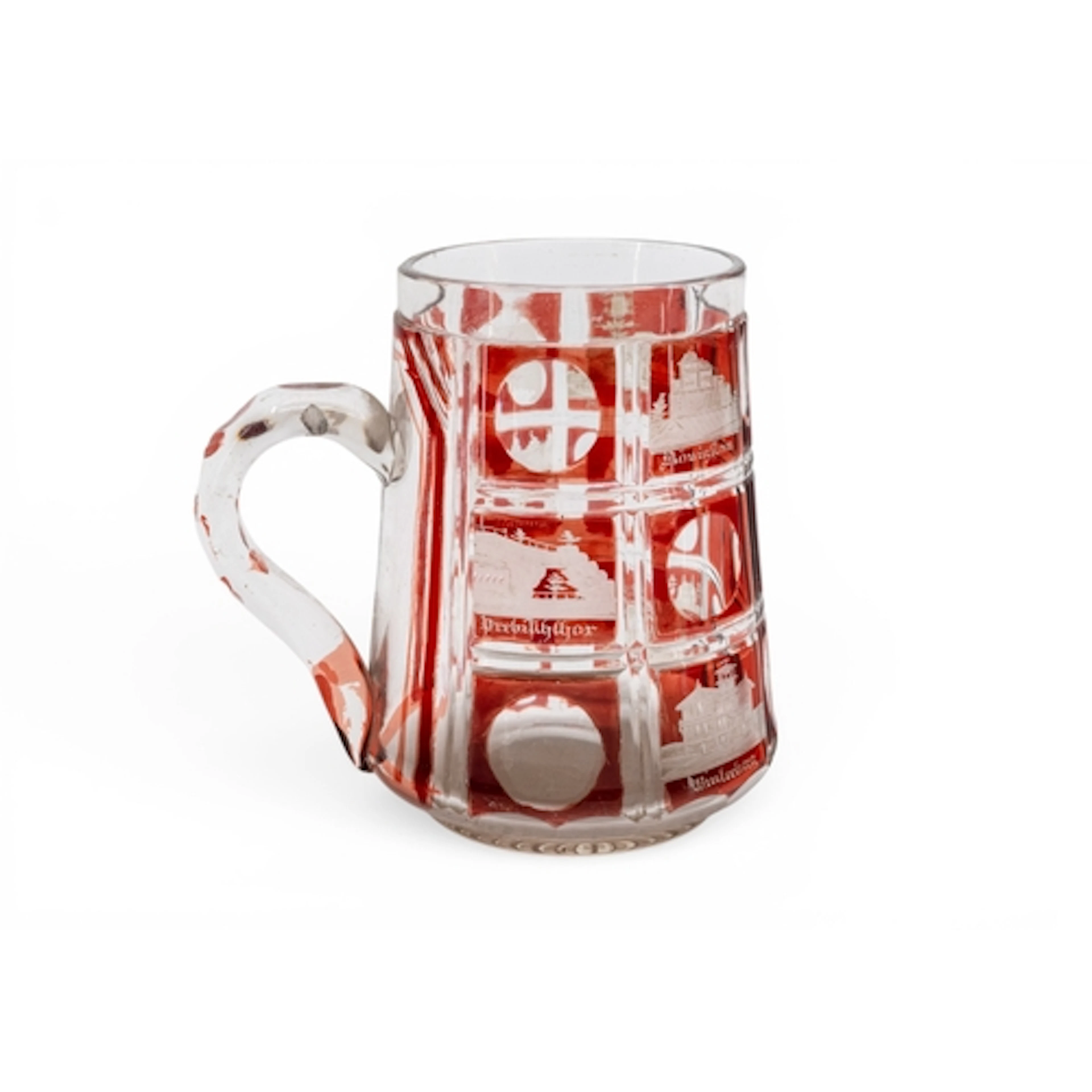 A BOHEMIAN RUBY FLASH SPA TANKARD, 19th century, cut with sc...