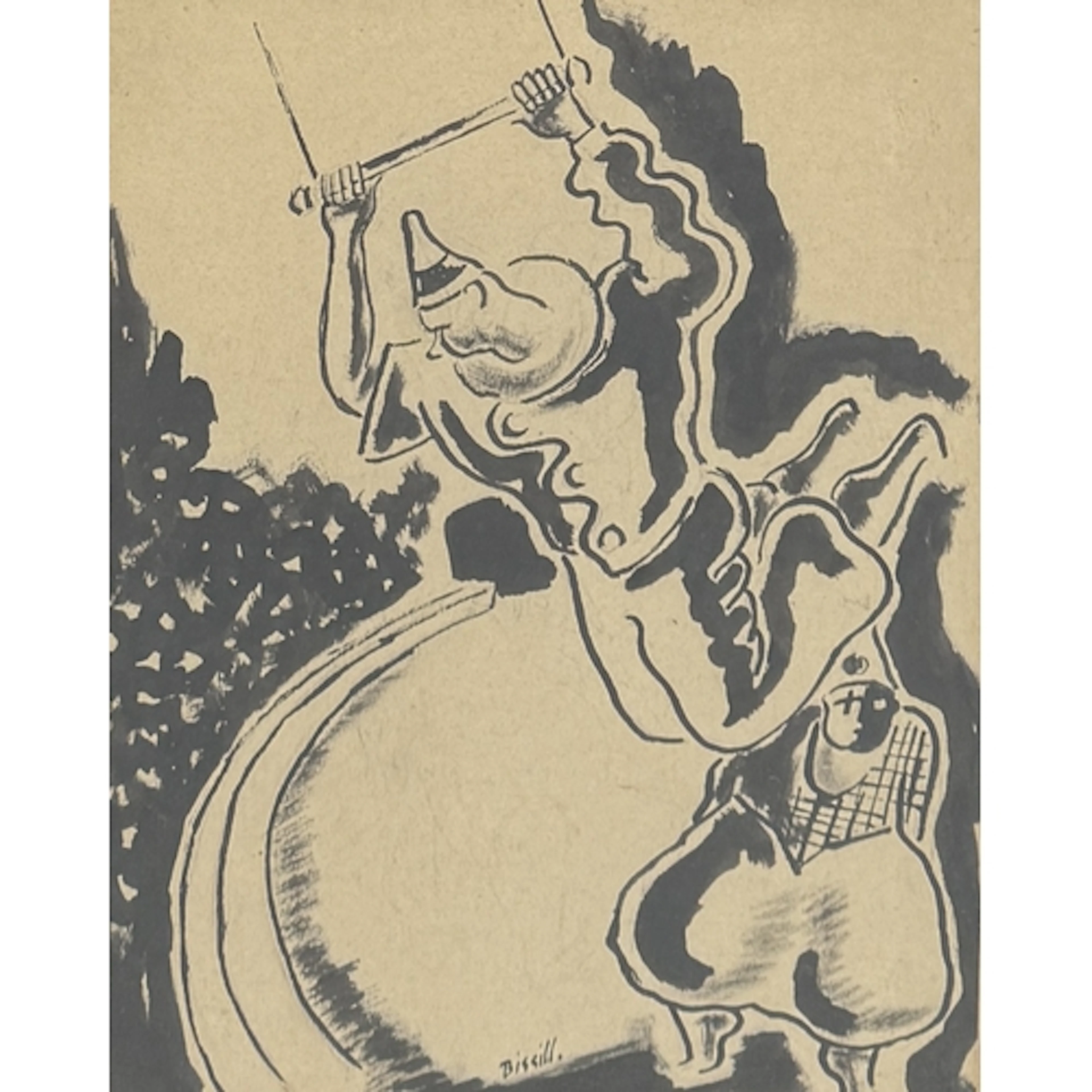 GEORGE BISSILL: AN INK DRAWING ON PAPER 'CIRCUS SCENE' Signe...