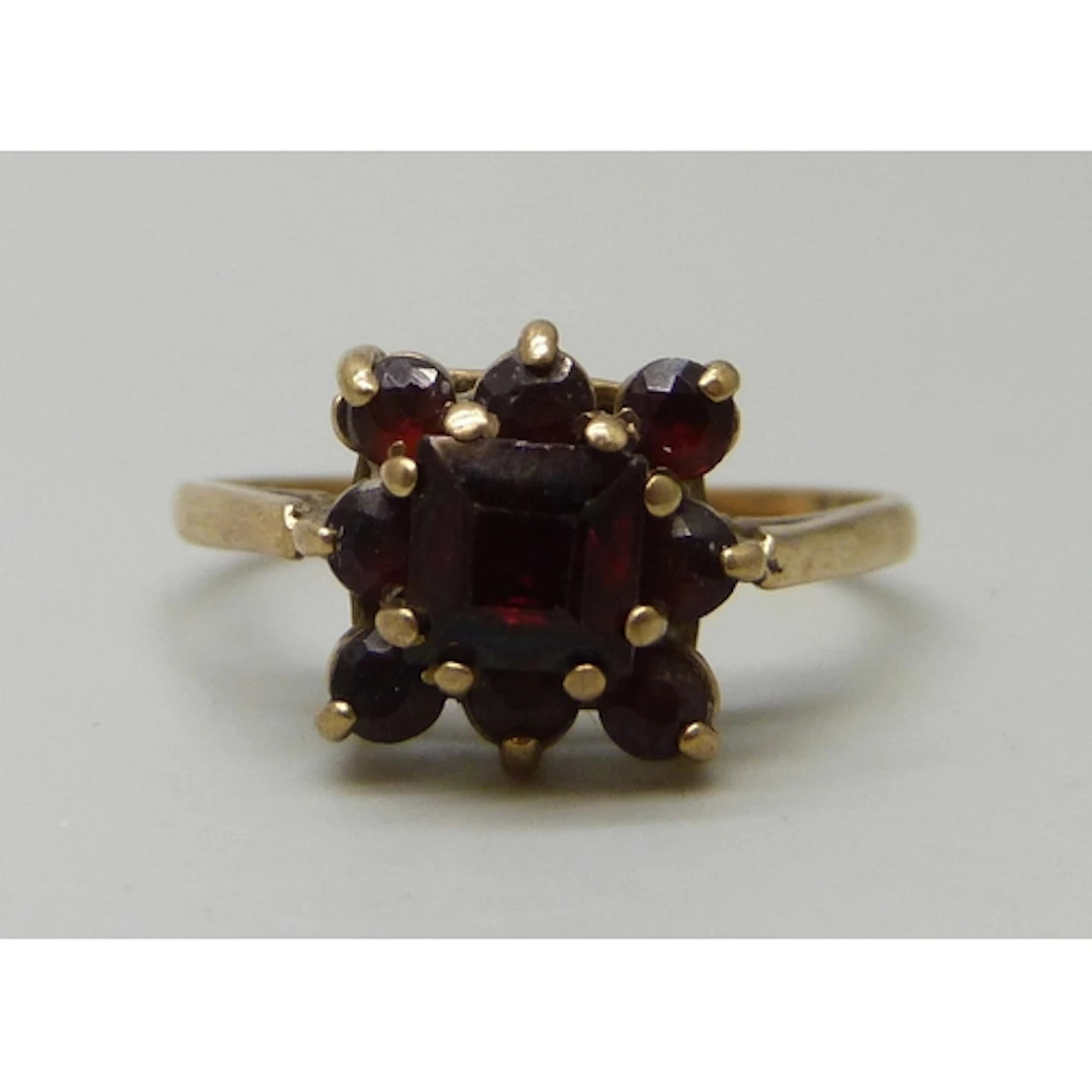 A 9ct gold garnet cluster ring, 2.4g, M/N