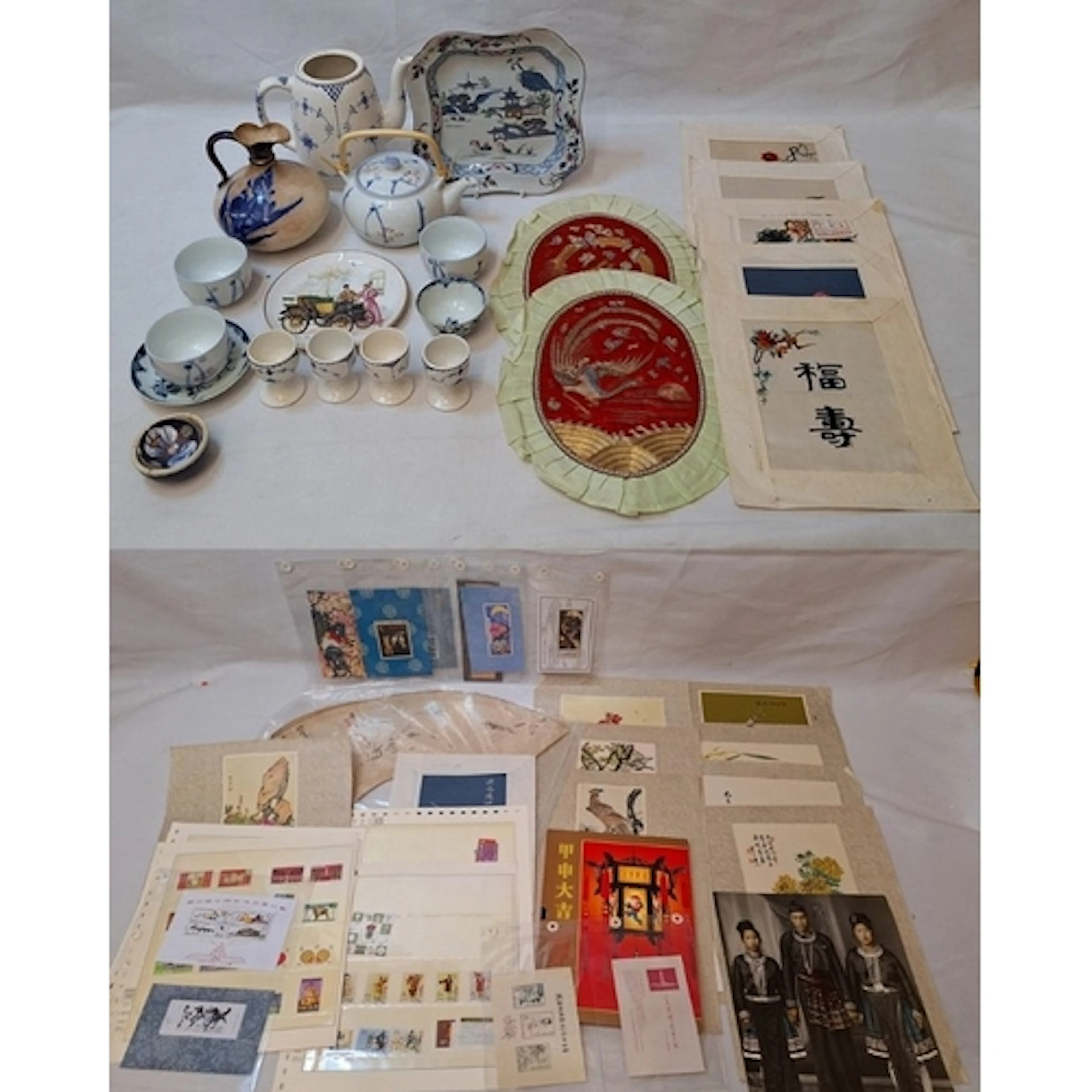 Doulton Pitcher, 2 teapots, egg cups, oriental silk pictures...