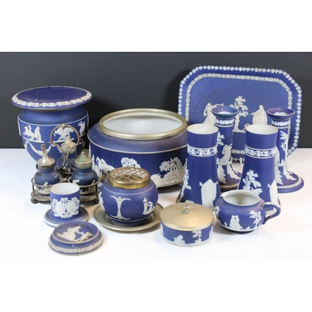 Collection of Adams jasperware, to comprise a pair of candle...