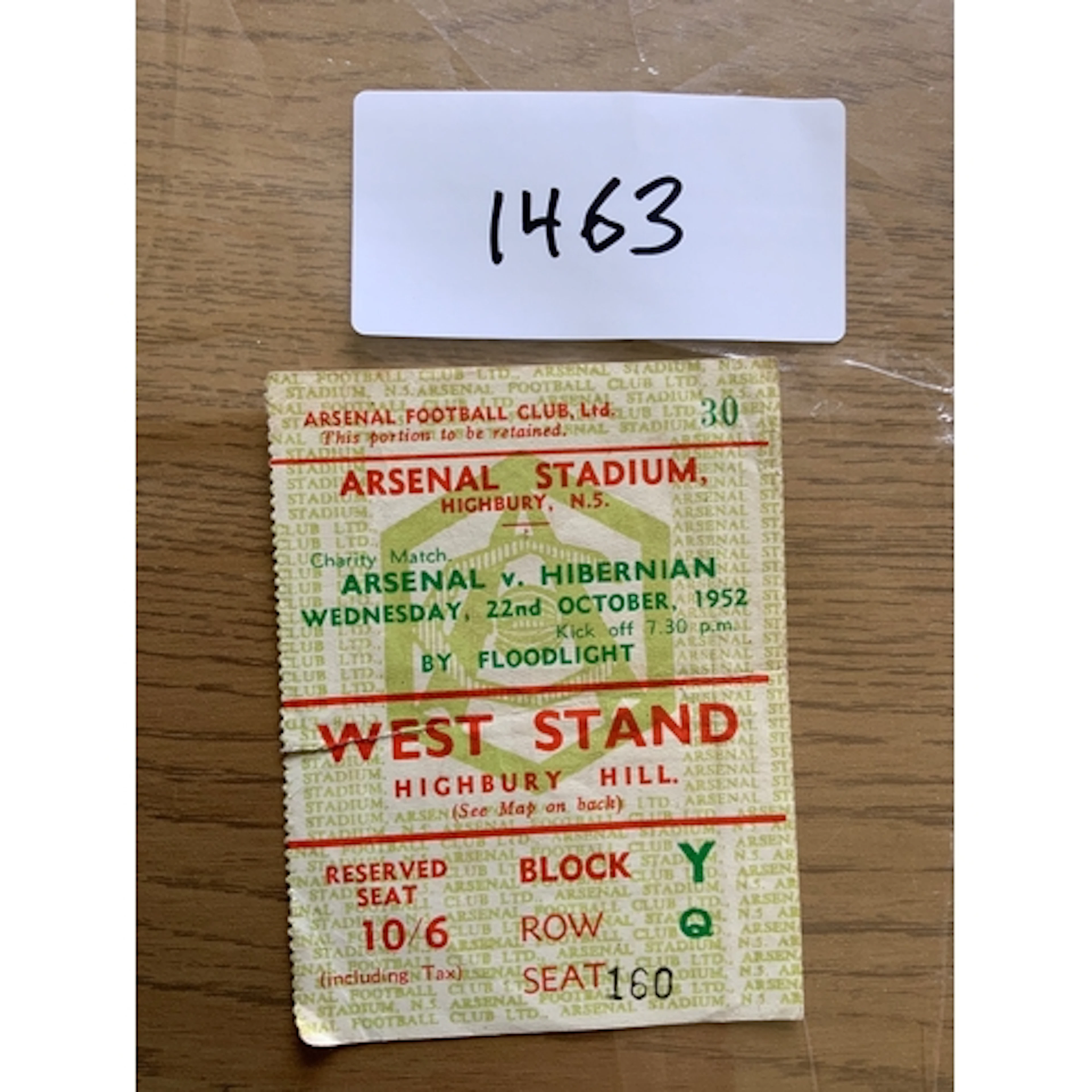52/53 Arsenal v Hibernian Football Ticket: Charity matches f...