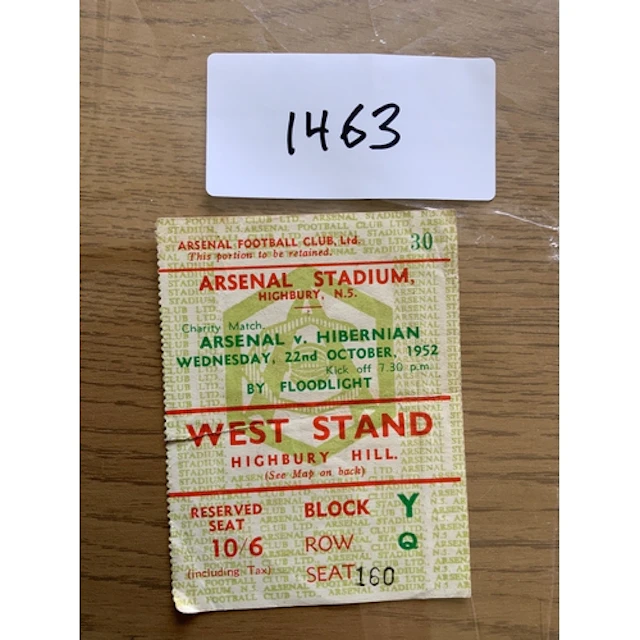 52/53 Arsenal v Hibernian Football Ticket: Charity matches f...