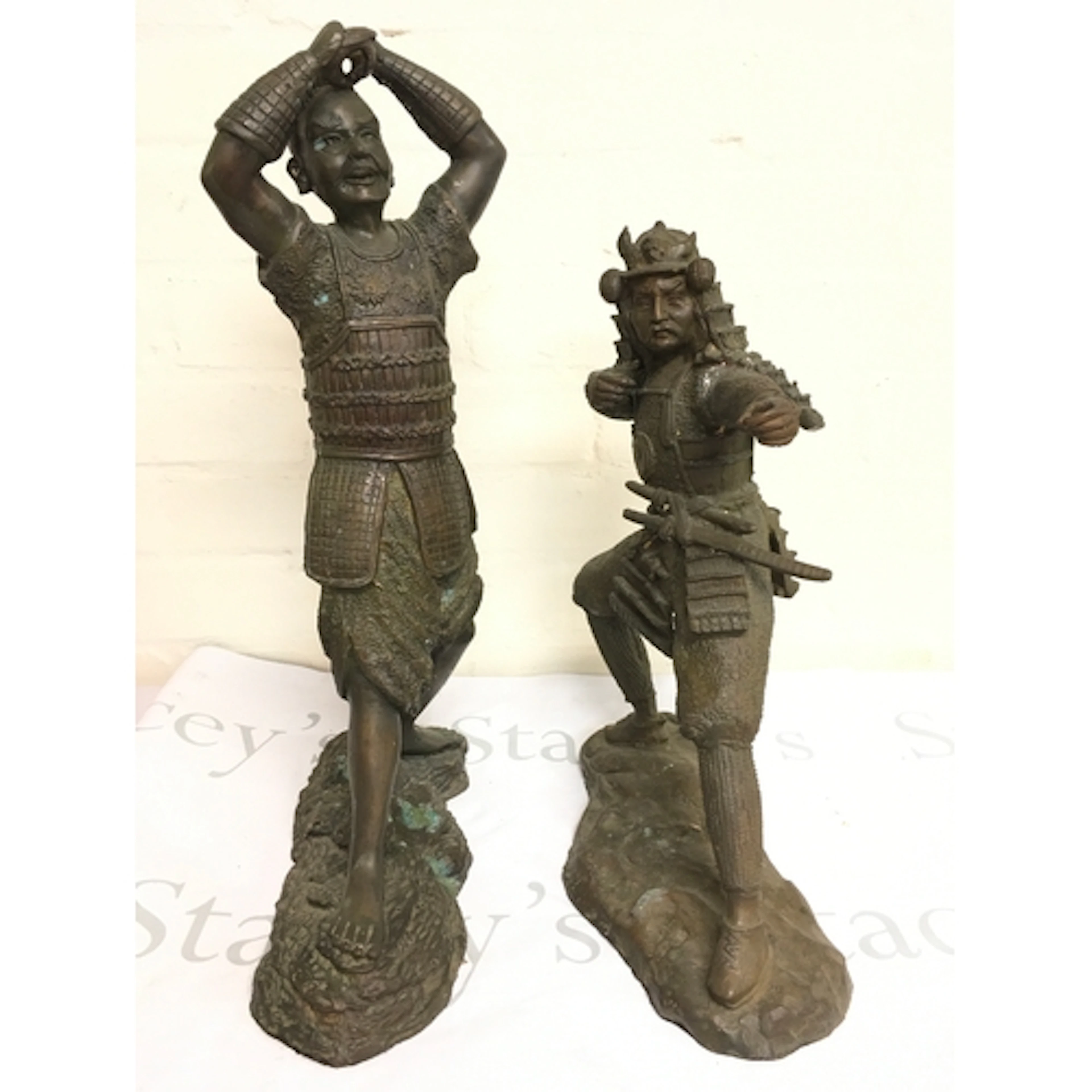 Bronze Japanese warrior sculptures . 39 and 48cm tall