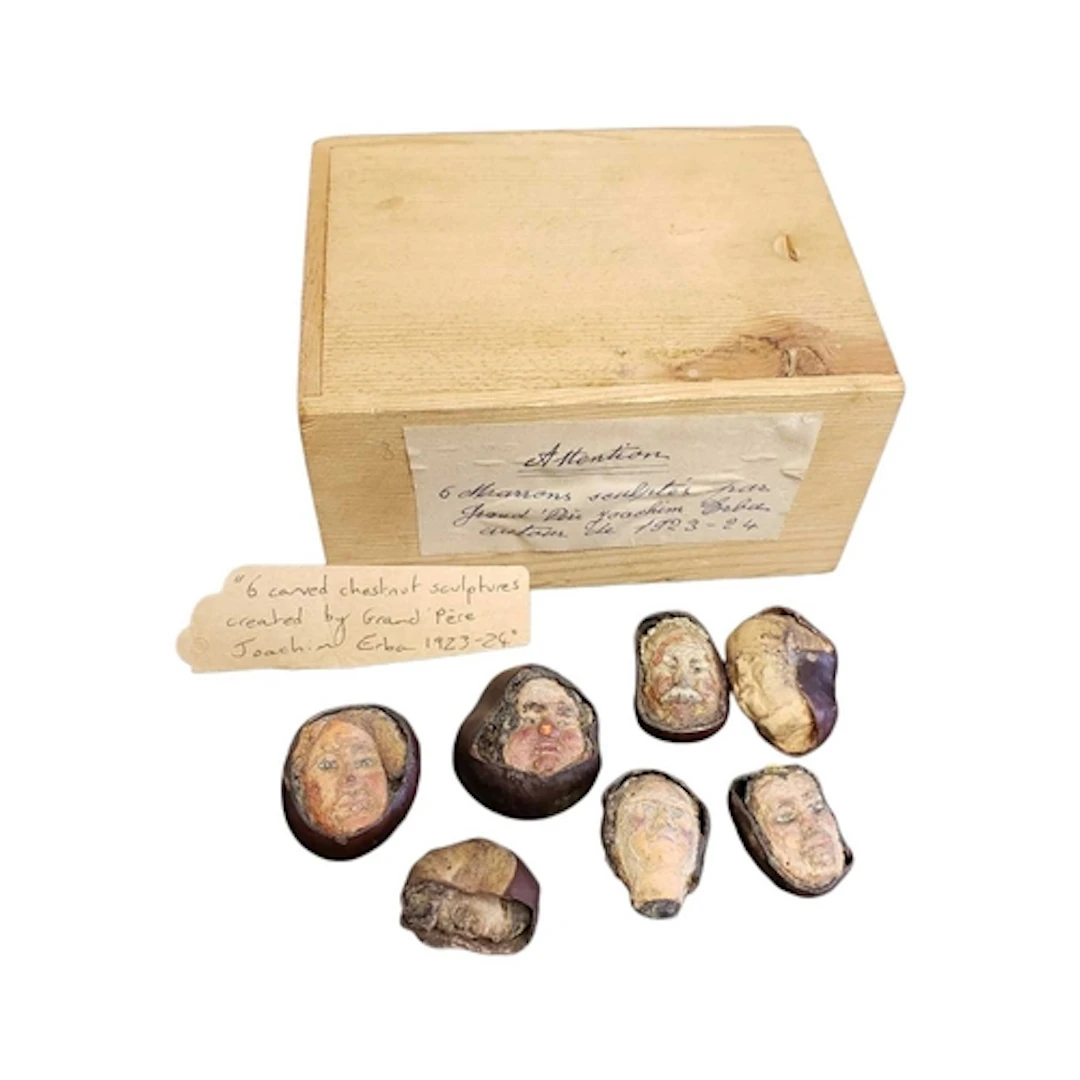 Collection of 1920s folk art vintage carved chestnut sculptu...