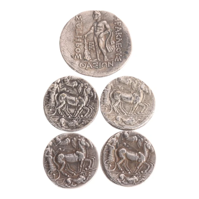 5 Electrotype museum replica coins, 4 Greek Tetradrachm stam...