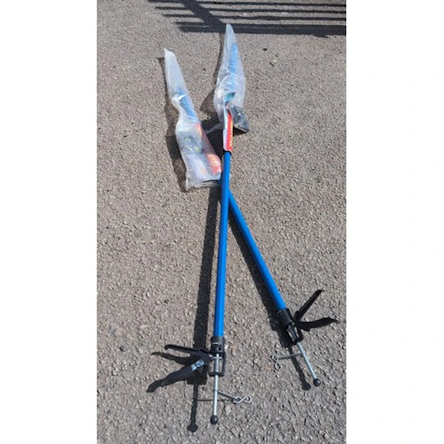 A pair of extendable steel support props, each with trigger ...
