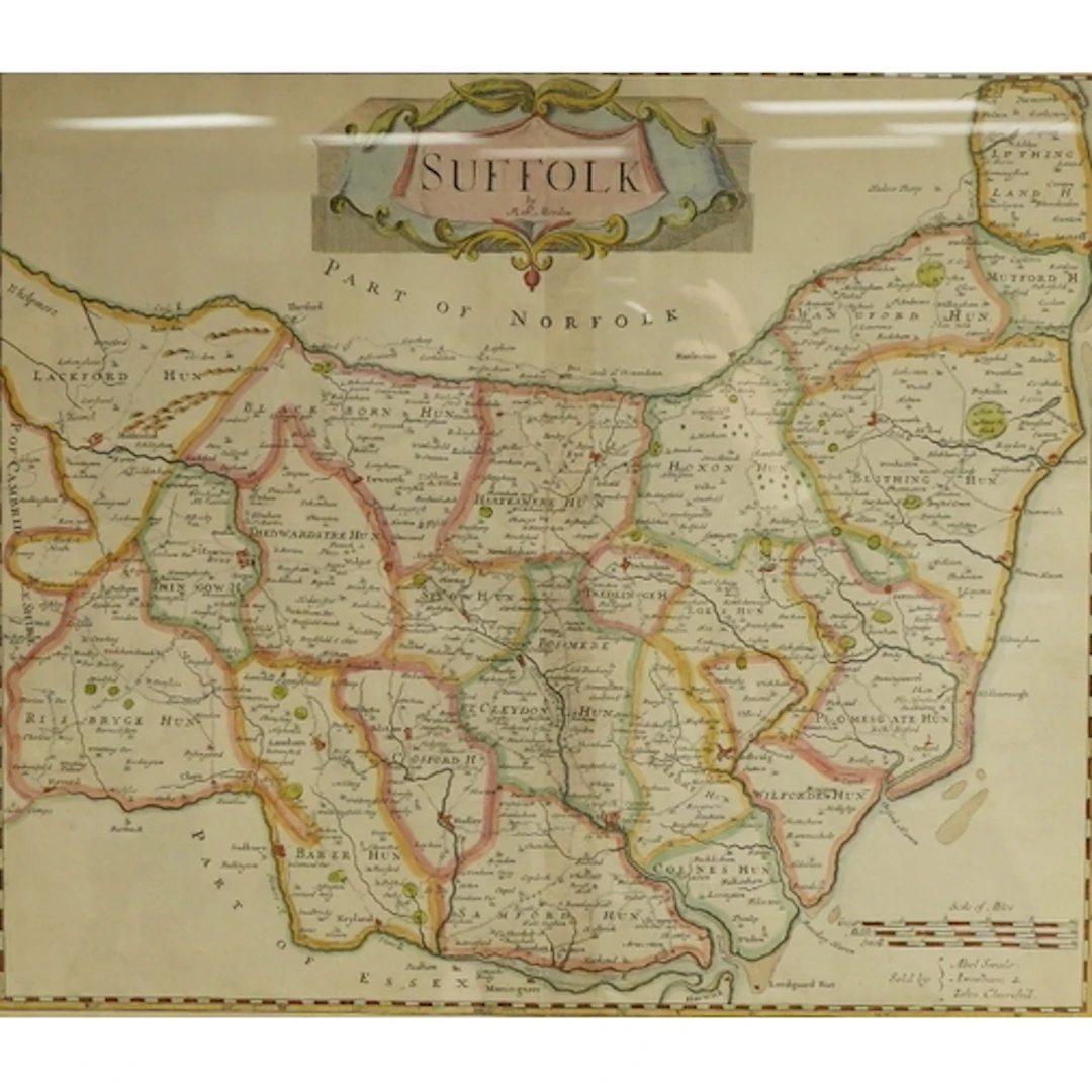 Robert Morden, a hand coloured, engraved map of Suffolk, sol...