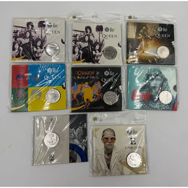 Royal Mint Treasure for Life, eight £5 pound, Queen x5, Bowi...