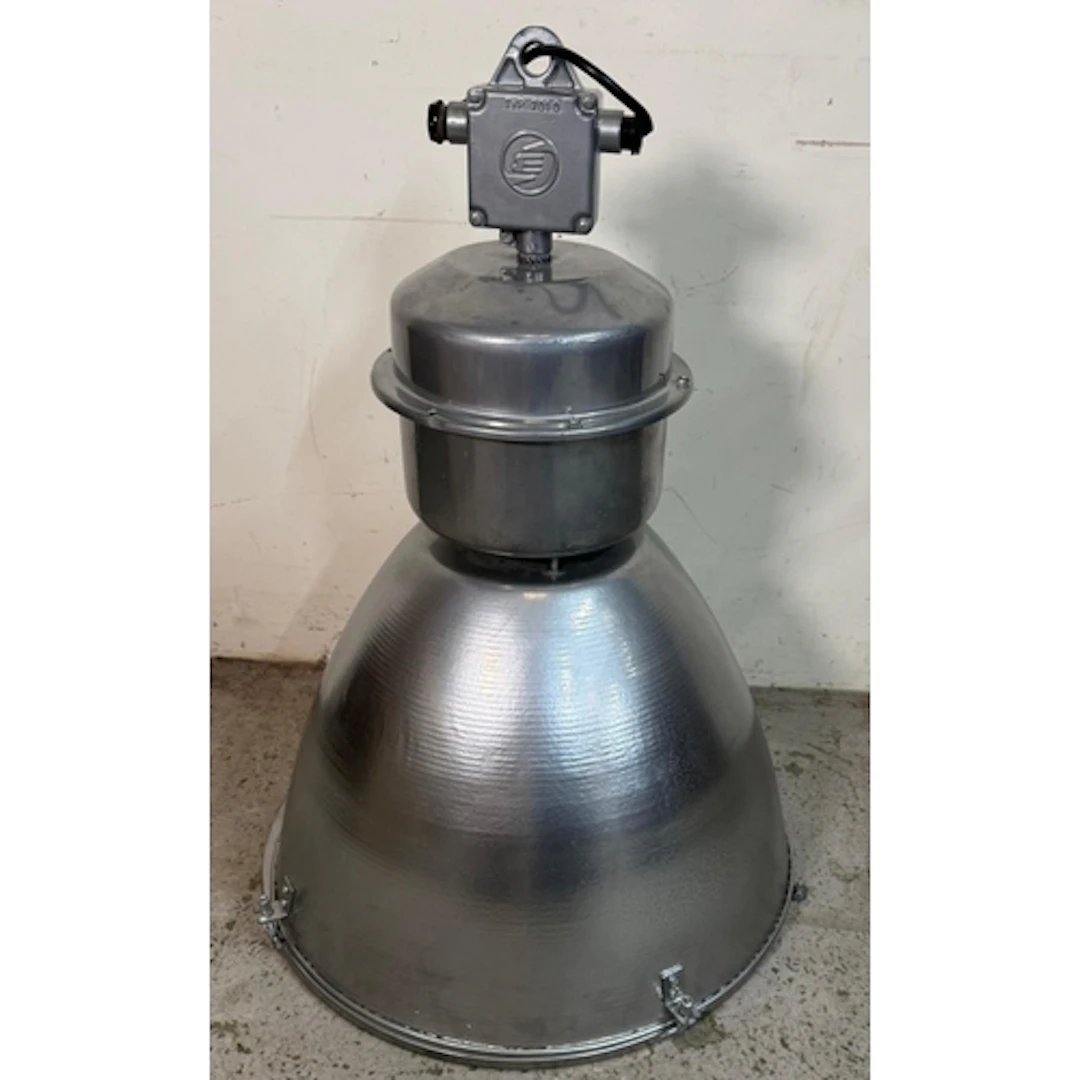 A 1960s grey pendant factory lamp by Elektrosvit. Height 77c...