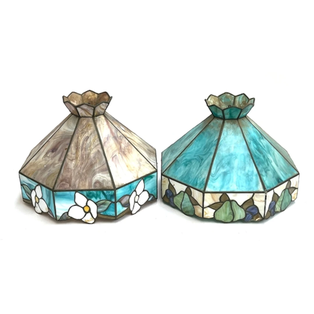 Two large vintage Tiffany style octagonal pendant light shad...