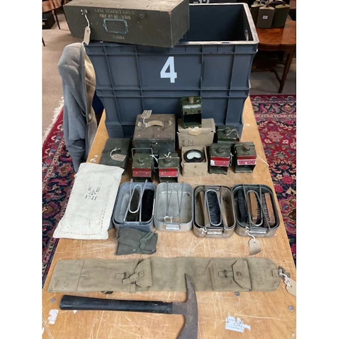 Qty WWII Dated mess tins, lamps, axe, antenna webbing pouch,...