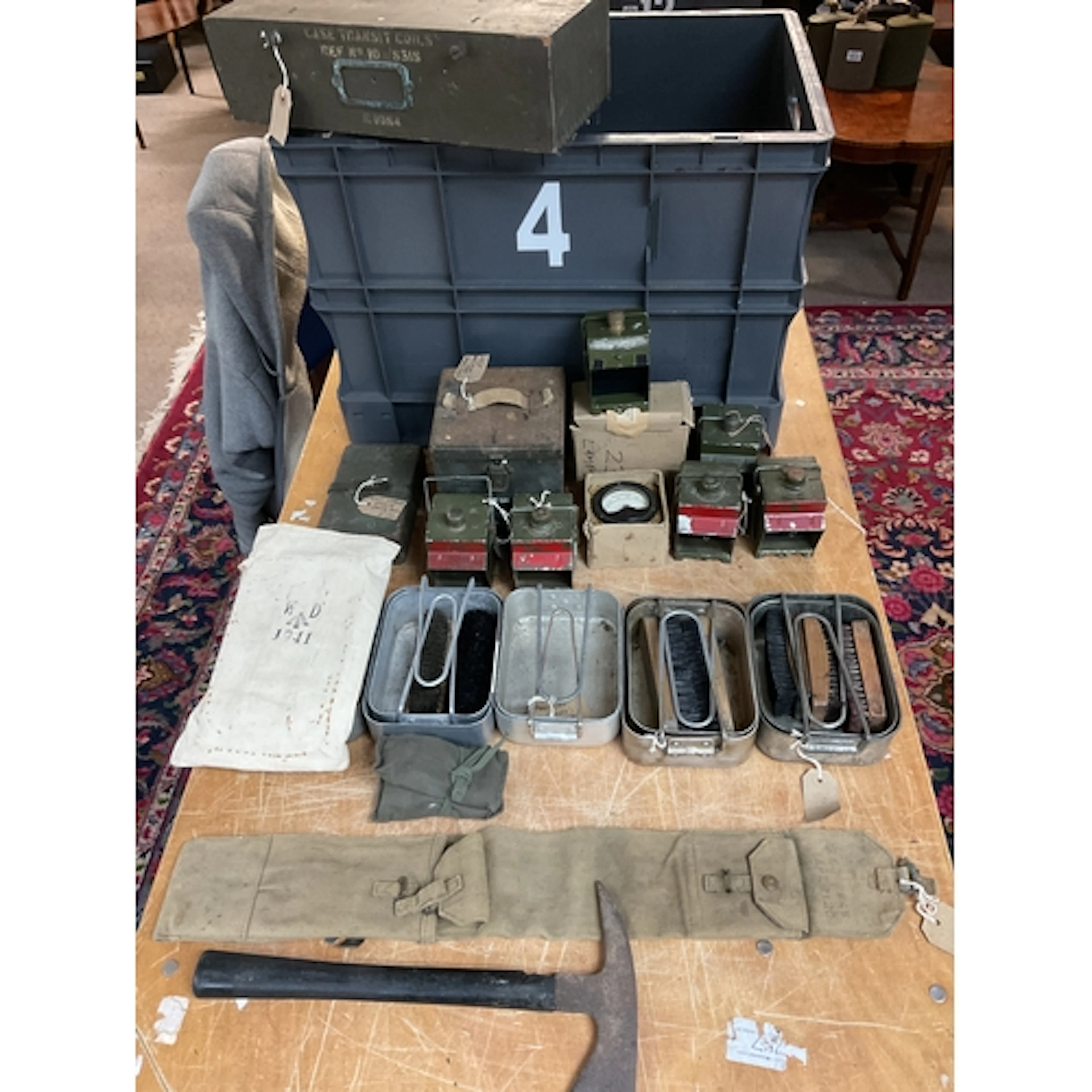 Qty WWII Dated mess tins, lamps, axe, antenna webbing pouch,...