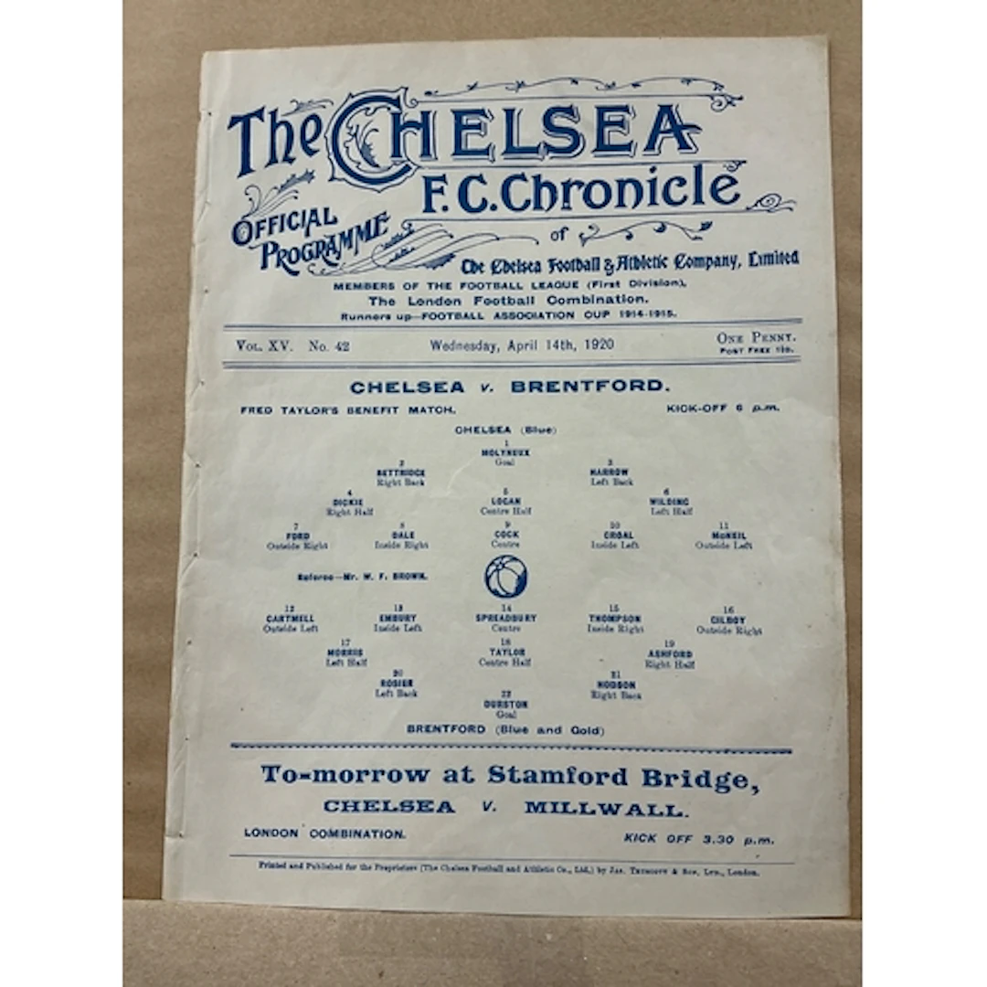 1919 - 1920 Chelsea v Brentford Football Programme: Single s...