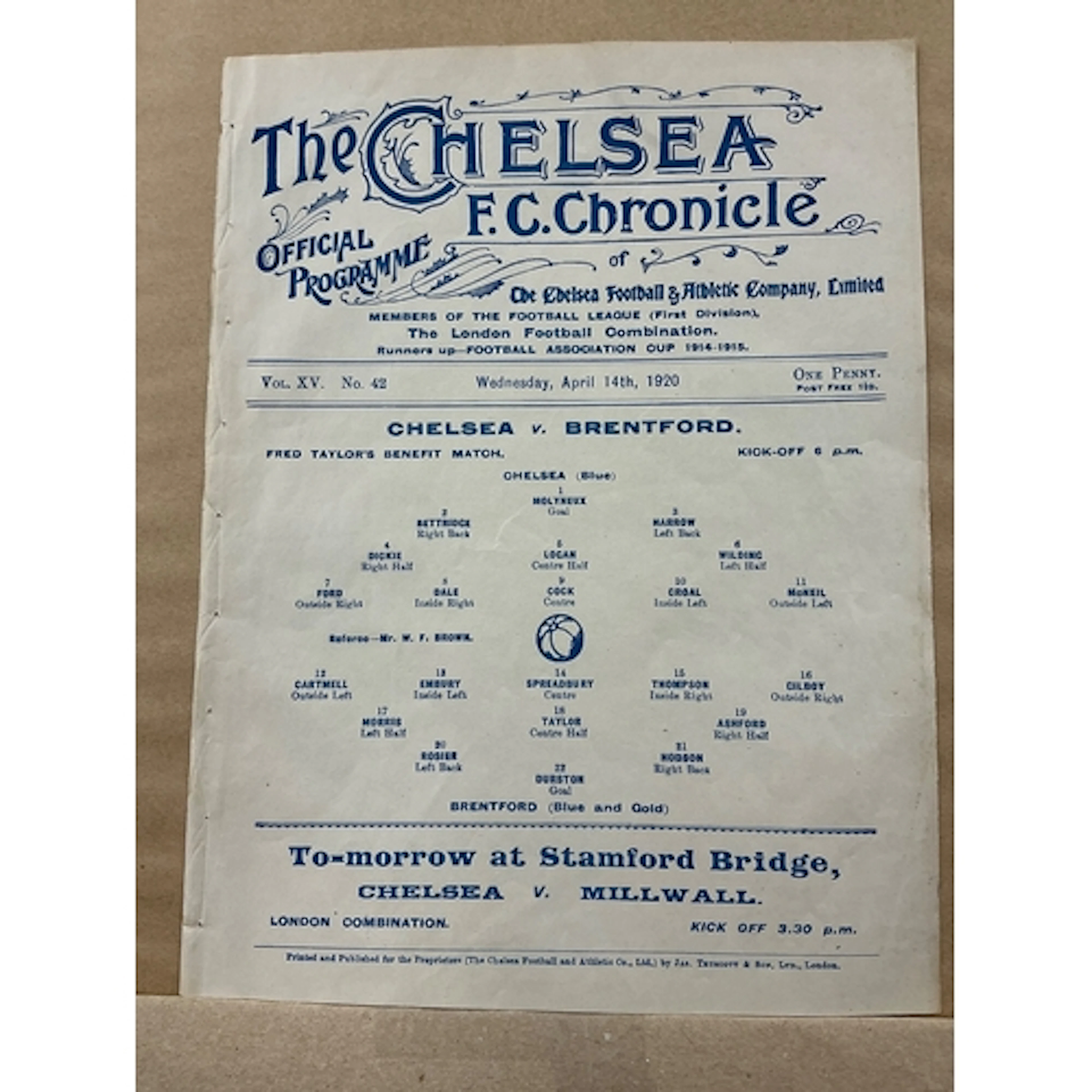 1919 - 1920 Chelsea v Brentford Football Programme: Single s...