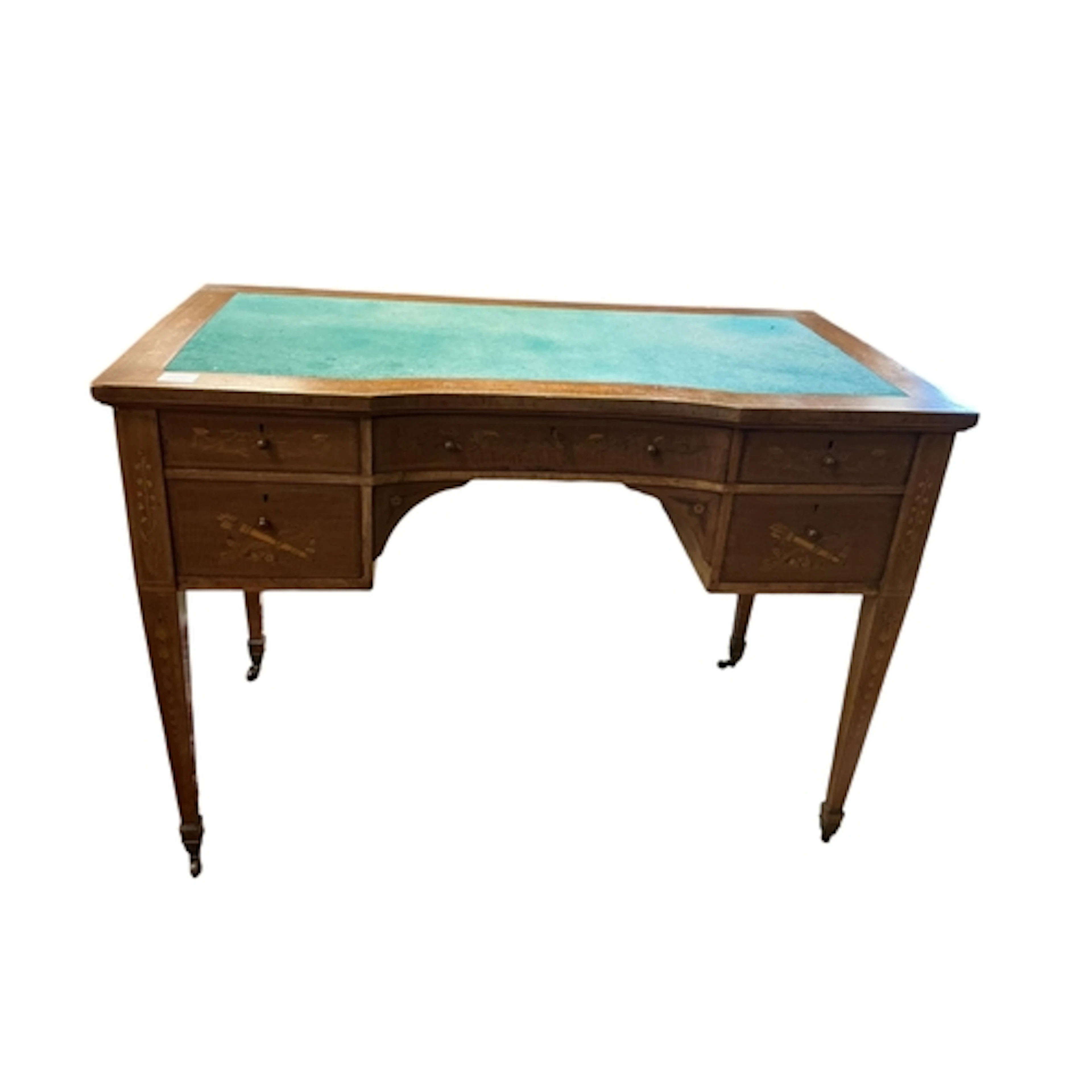 An Edwardian marquetry inlaid mahogany writing table, width ...