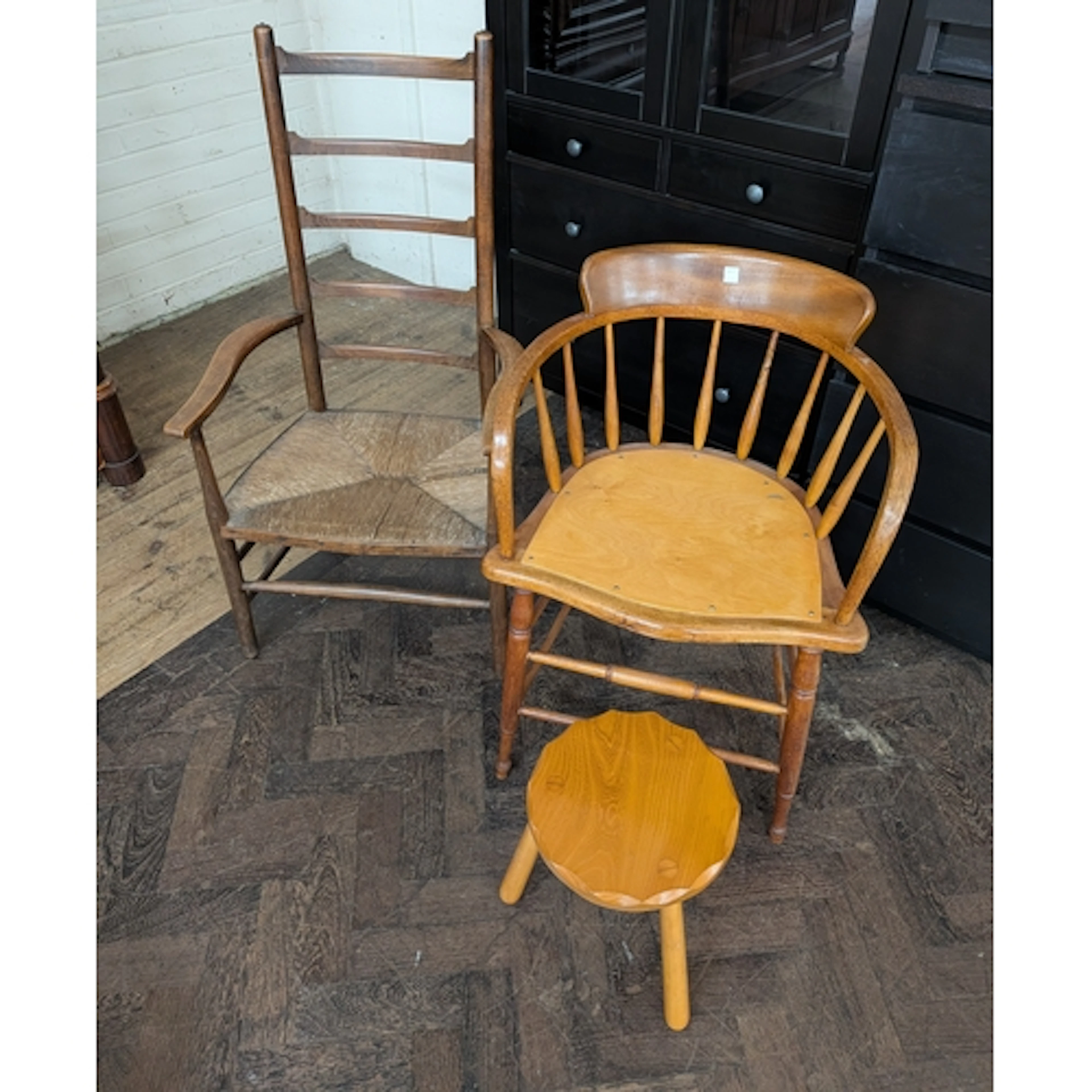 Ladder back vintage elbow chair, comb back chair and a small...