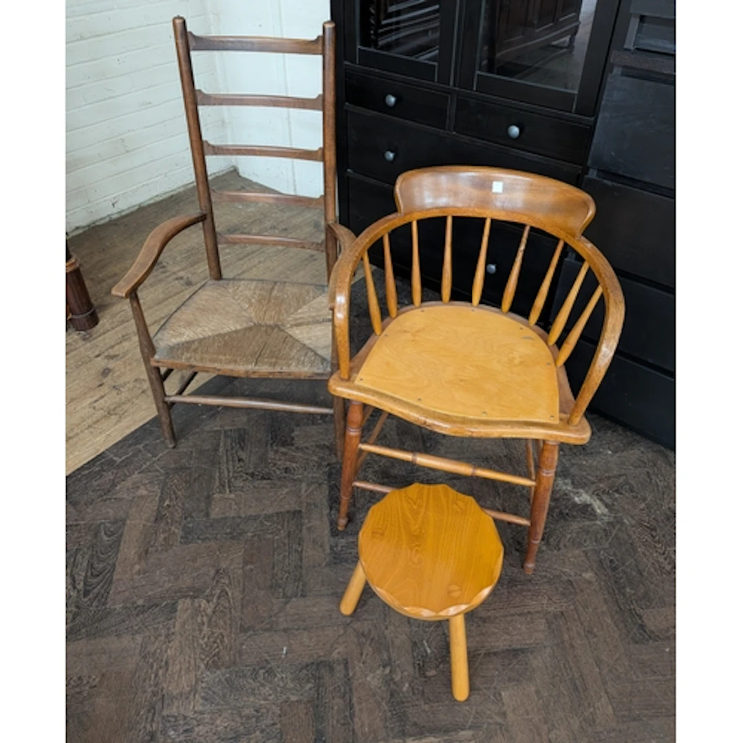 Ladder back vintage elbow chair, comb back chair and a small...
