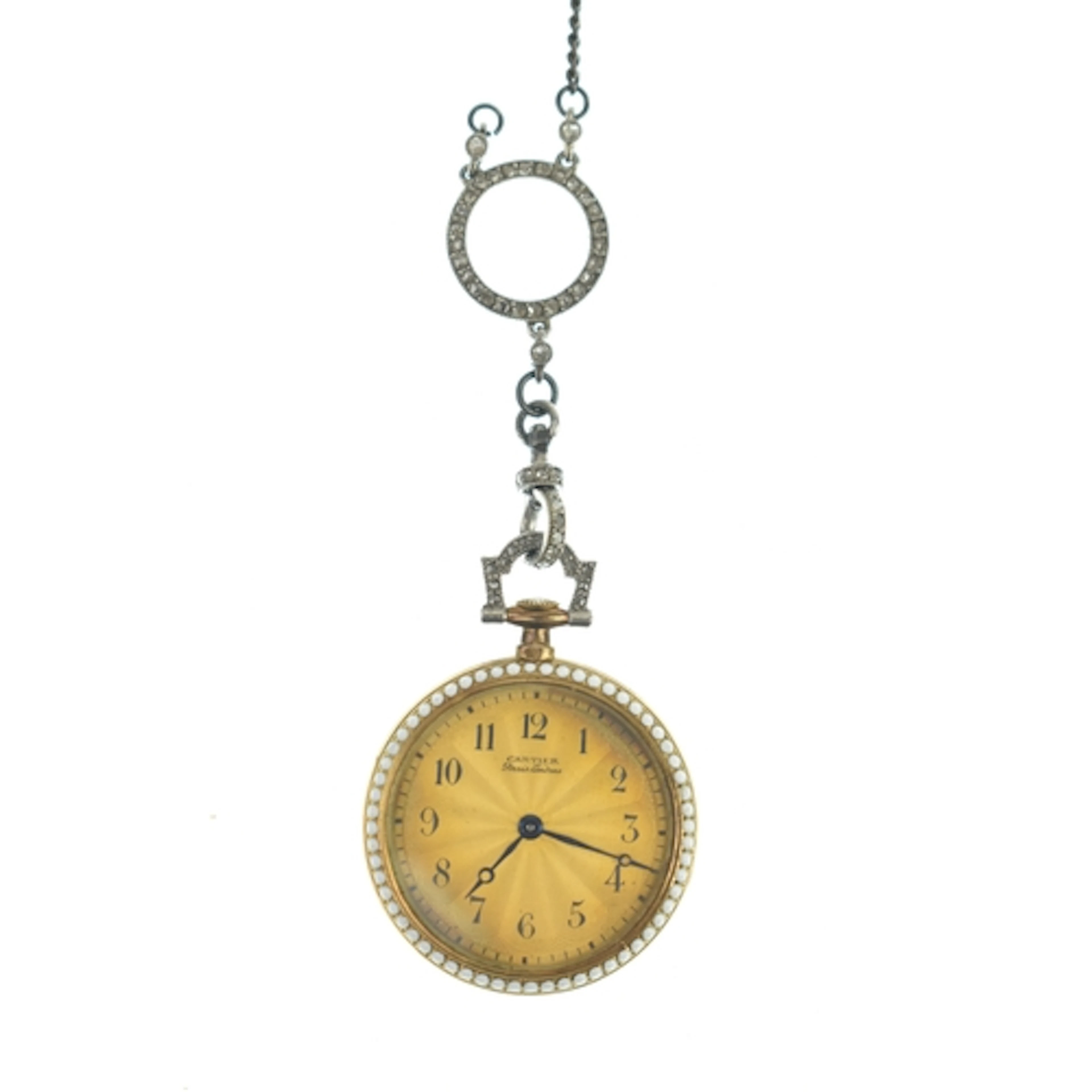 A Cartier, Art Deco, 18ct gold and seed pearl pendant watch,...