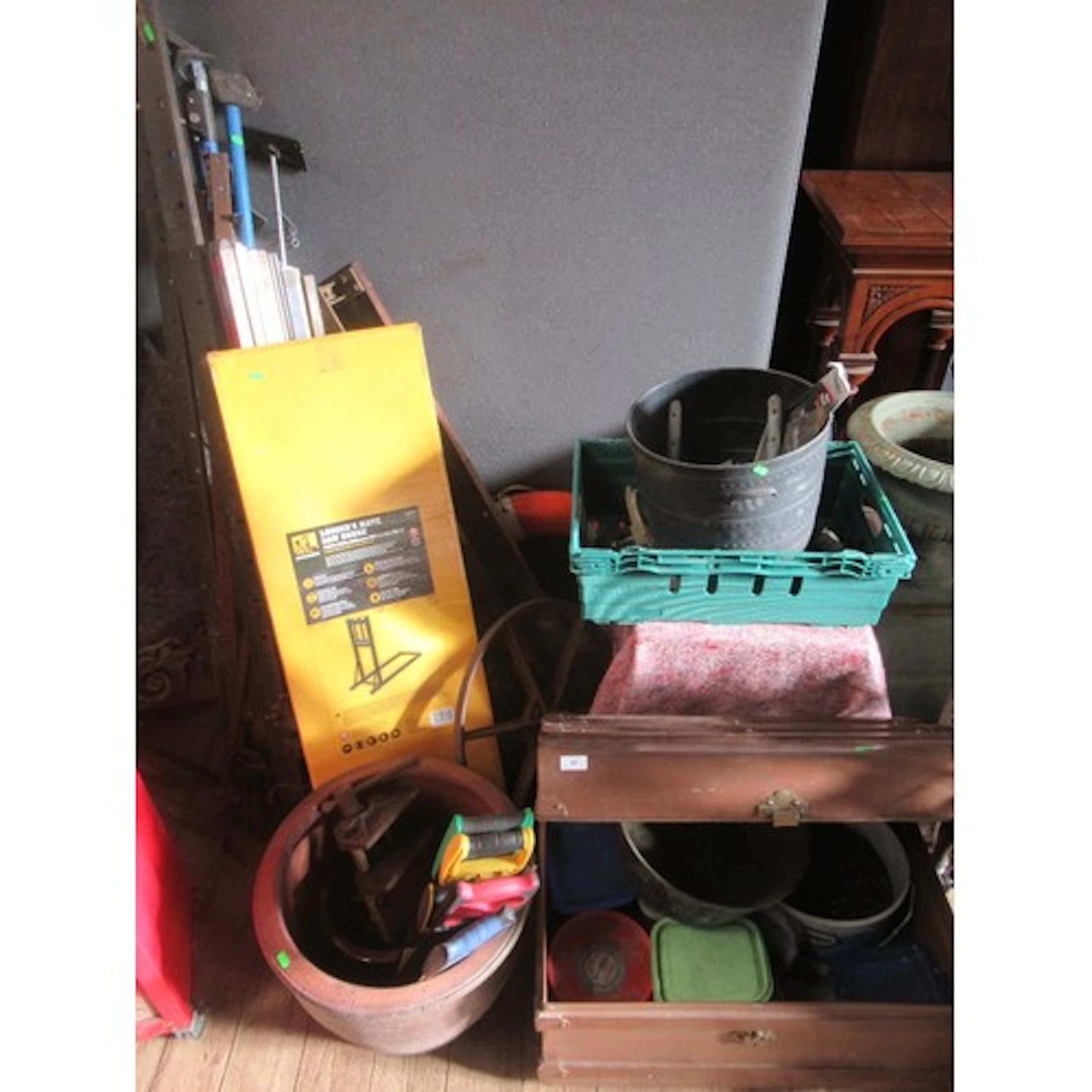 A collection of tools with metal tin trunk and contents etc