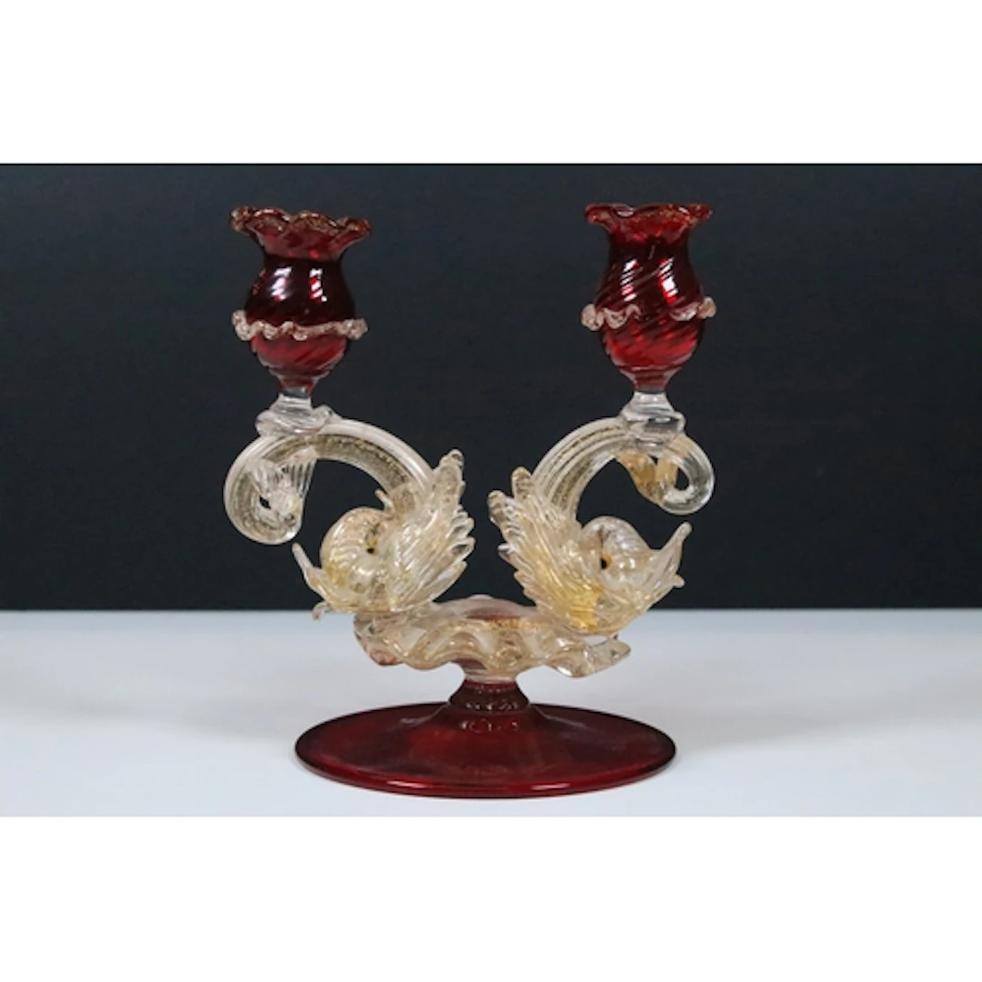 Mid century Murano glass double branch candlestick, the two ...