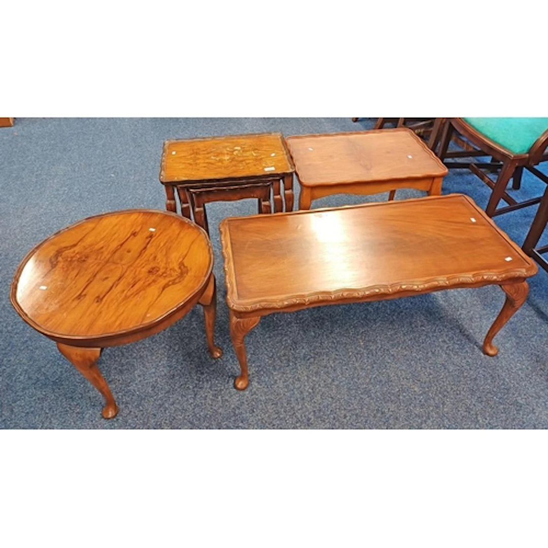 NEST OF 3 WALNUT TABLES, WALNUT CIRCULAR COFFEE TABLE, ETC
